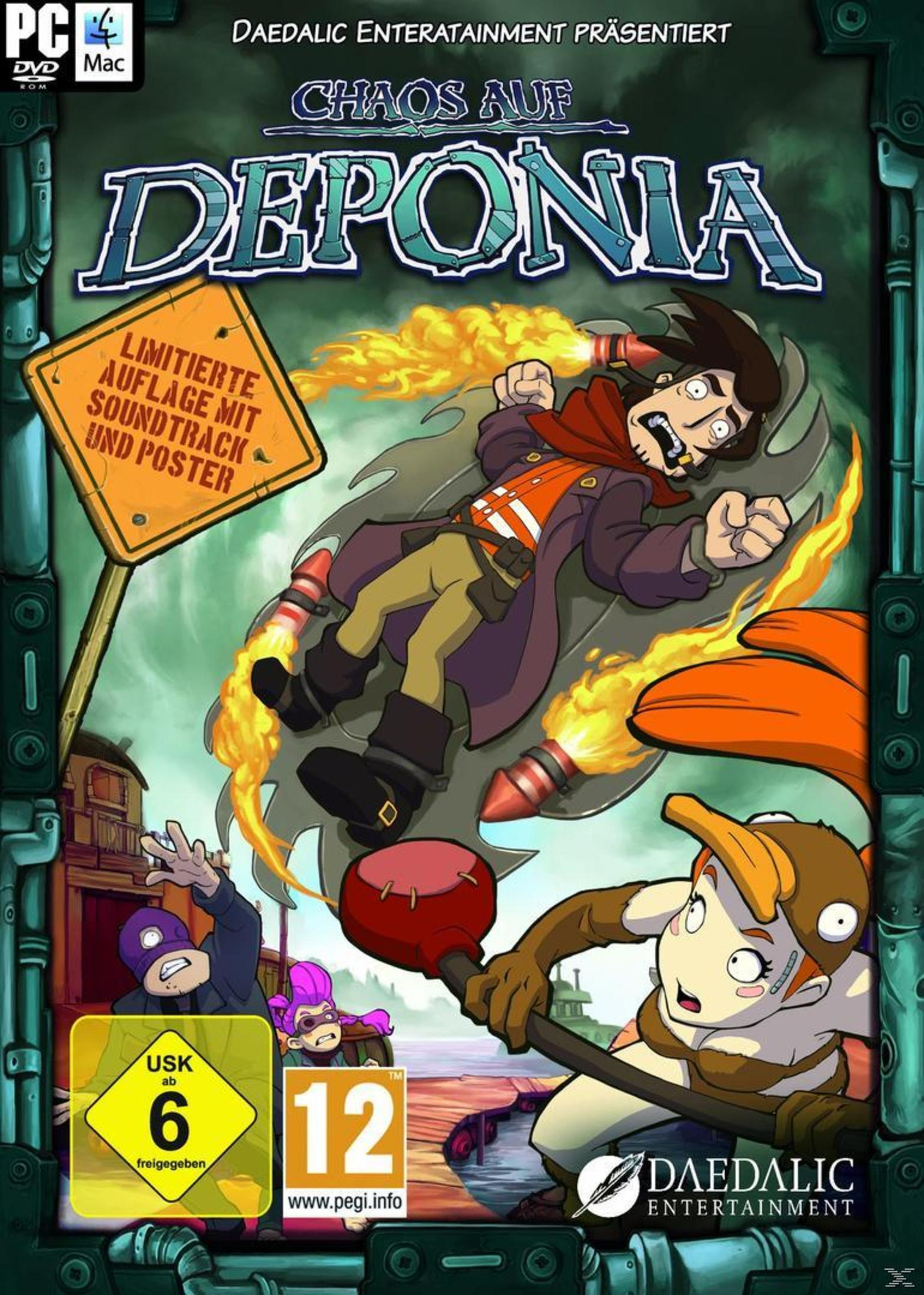 Okładka gry Chaos auf Deponia z postaciami z kreskówek i surrealistycznym otoczeniem.