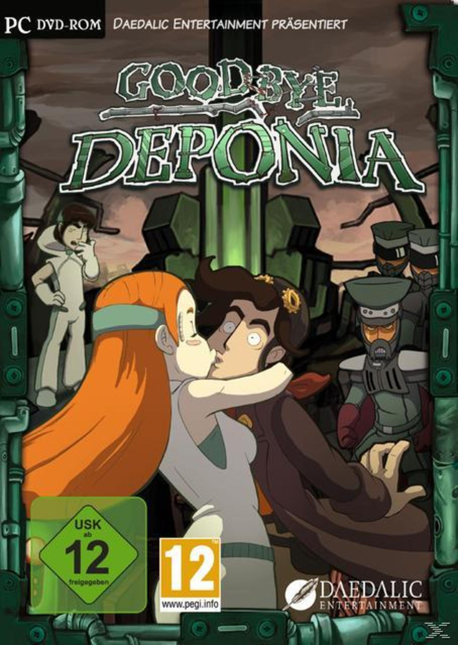 Pudełko z grą Goodbye Deponia. Para całująca się w stylu kreskówkowym z innymi postaciami.