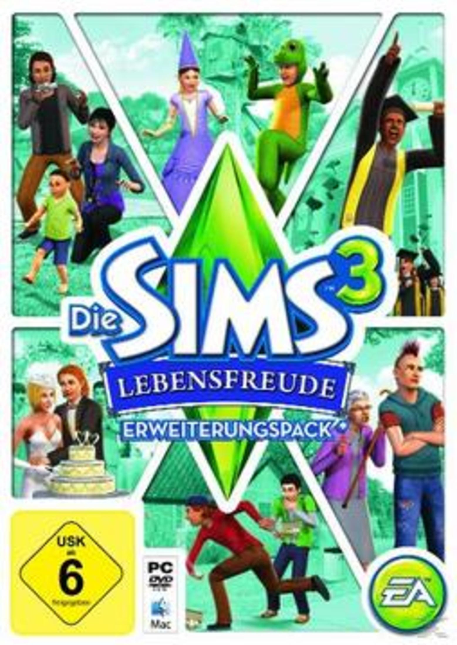 Spielbox-Art: Sims 3-Spiel mit verschiedenen Charakteren. Weißer Hintergrund.