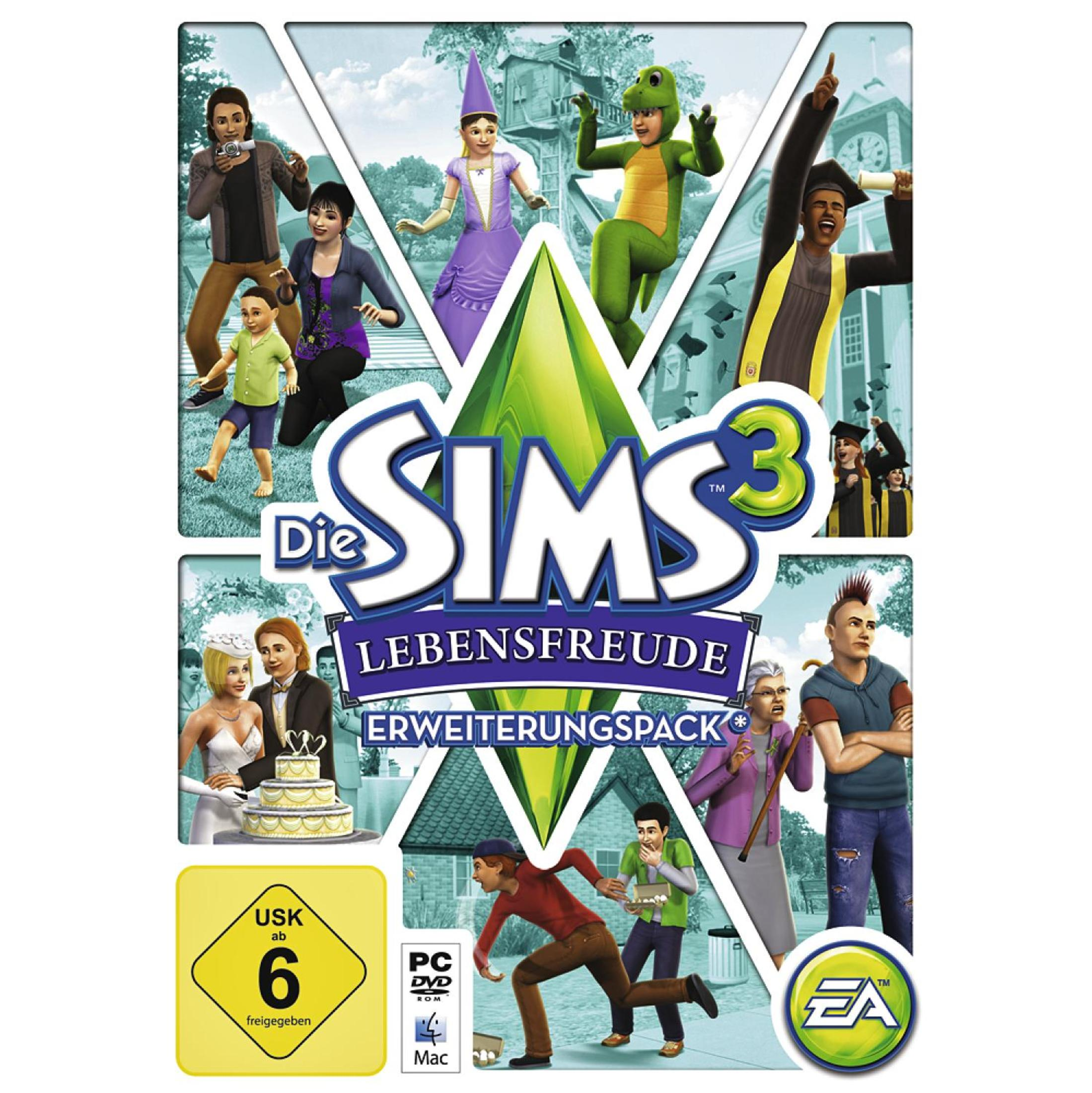 Sims 3 Spielcover. Verschiedene Sims-Charaktere auf dem Cover.