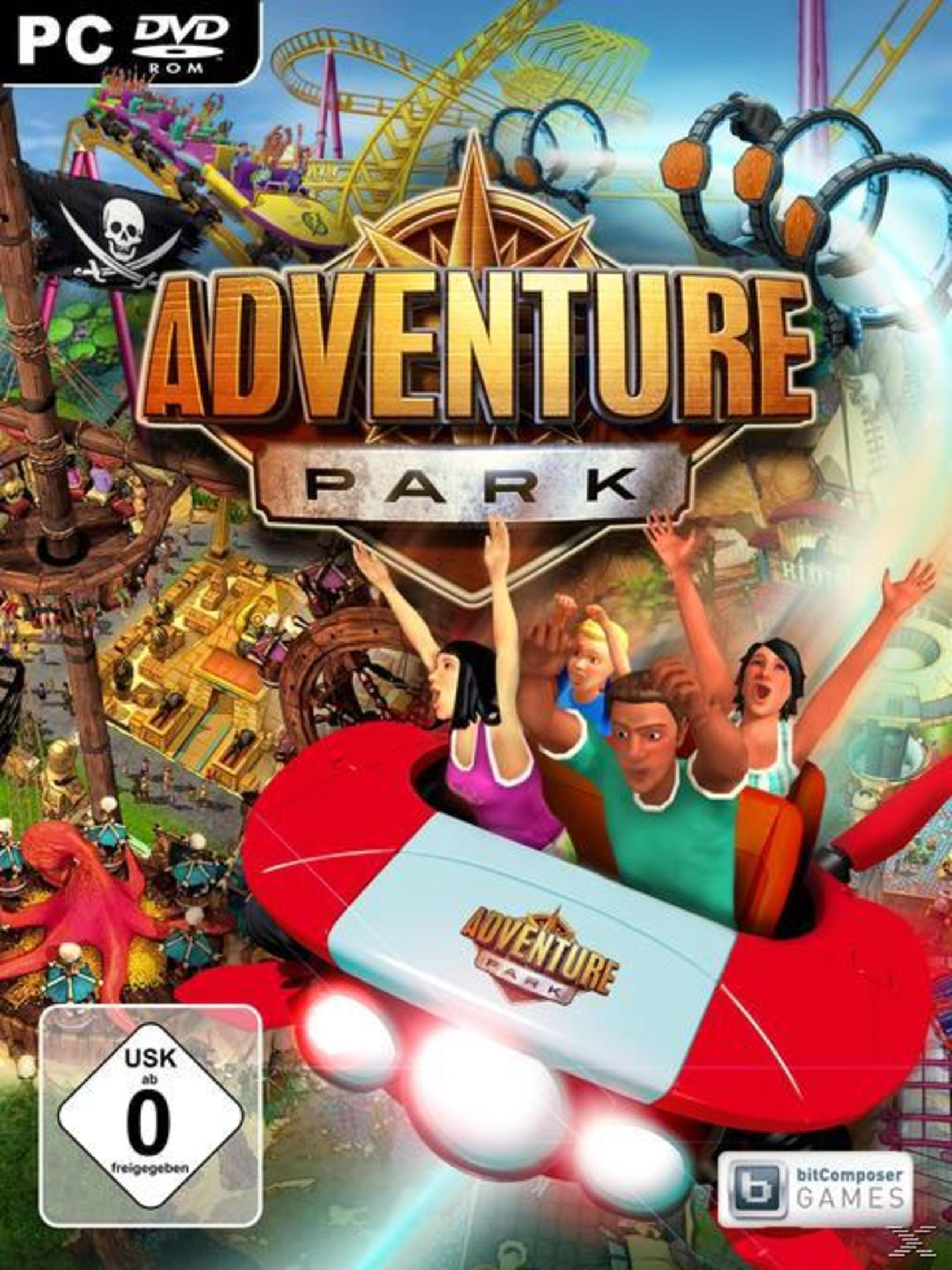 Adventure Park-Spielcover mit einer Achterbahn mit Leuten, einem Piratenschiff und einem Karussell.