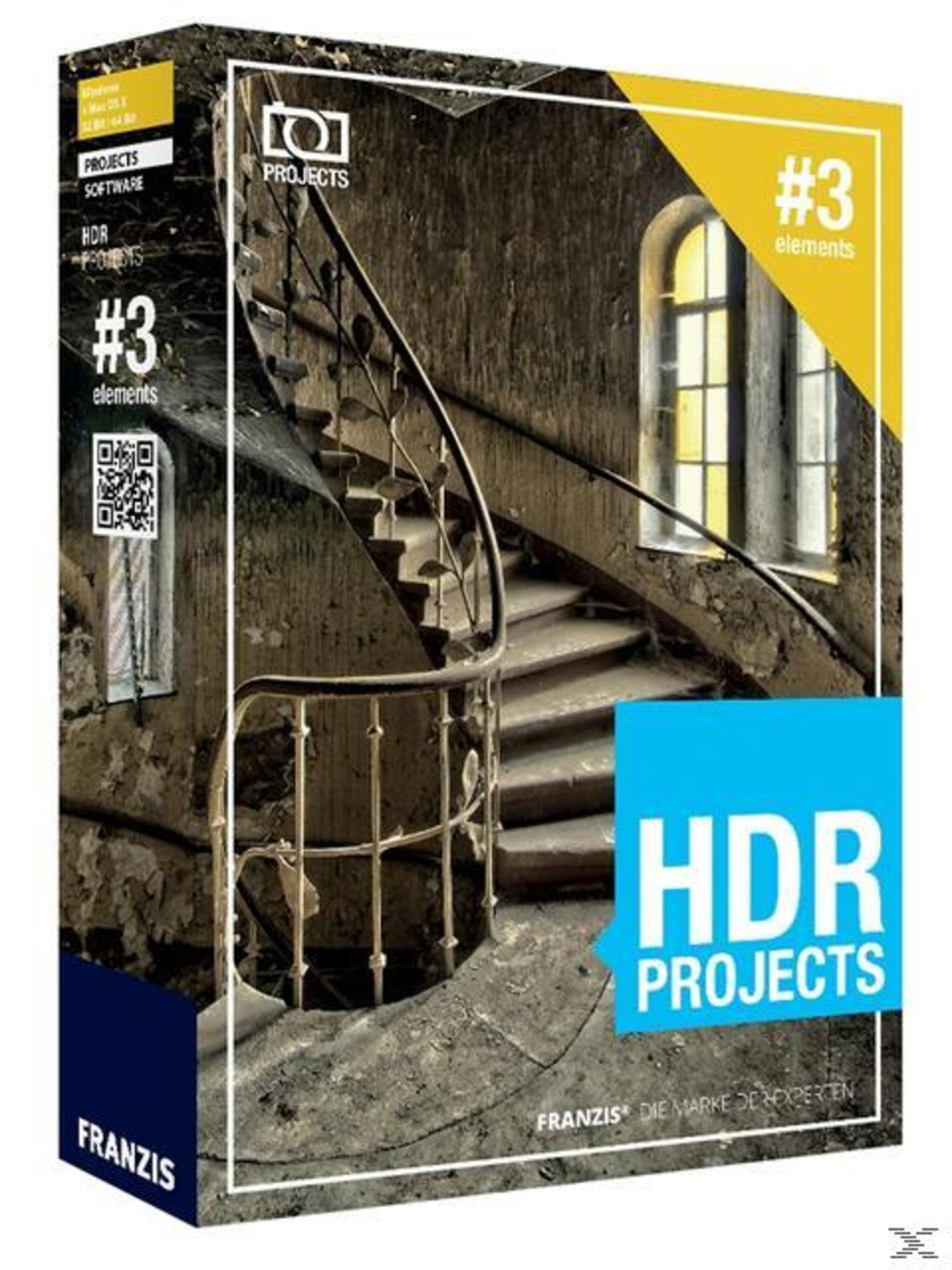 Softwarebox: Innenraum mit Treppe, Fenster und HDR Projects Titel.