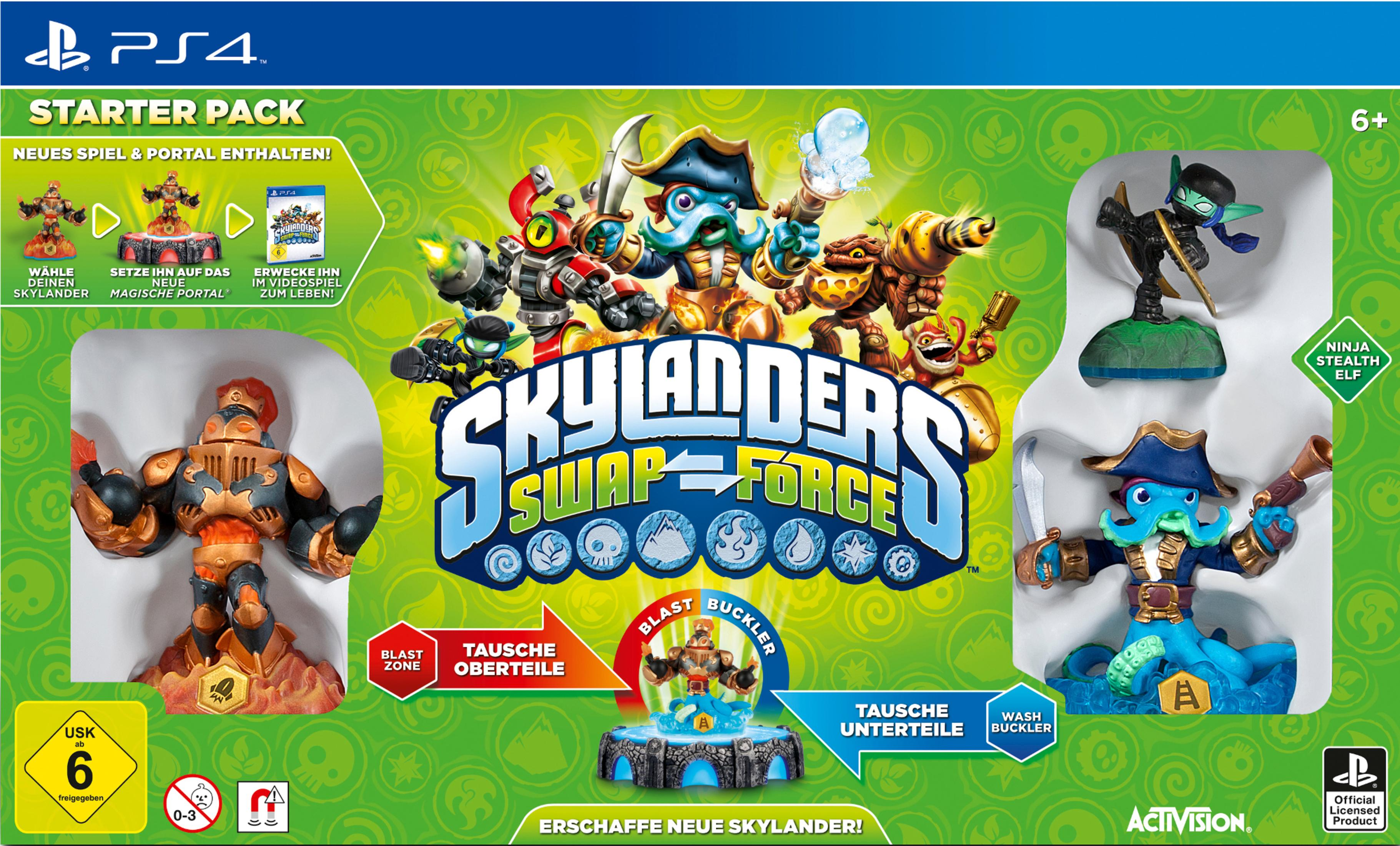 Spielcover: Skylanders Swap Force Starter Pack mit Actionfiguren von Charakteren, diverses Zubehör.