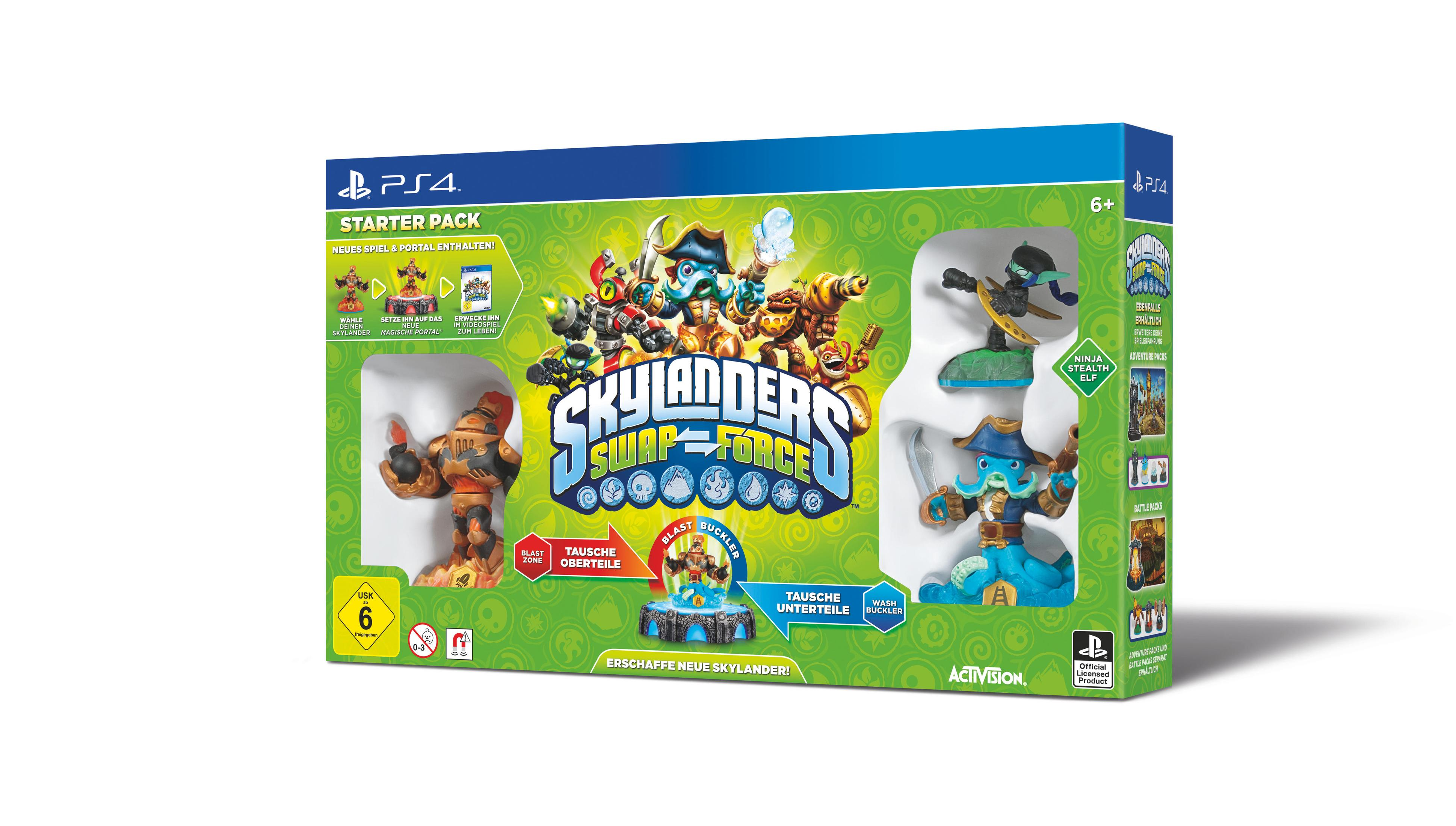Eine Skylanders Videospiel-Starterpackung. Die Box zeigt mehrere Spielfiguren und das Logo.