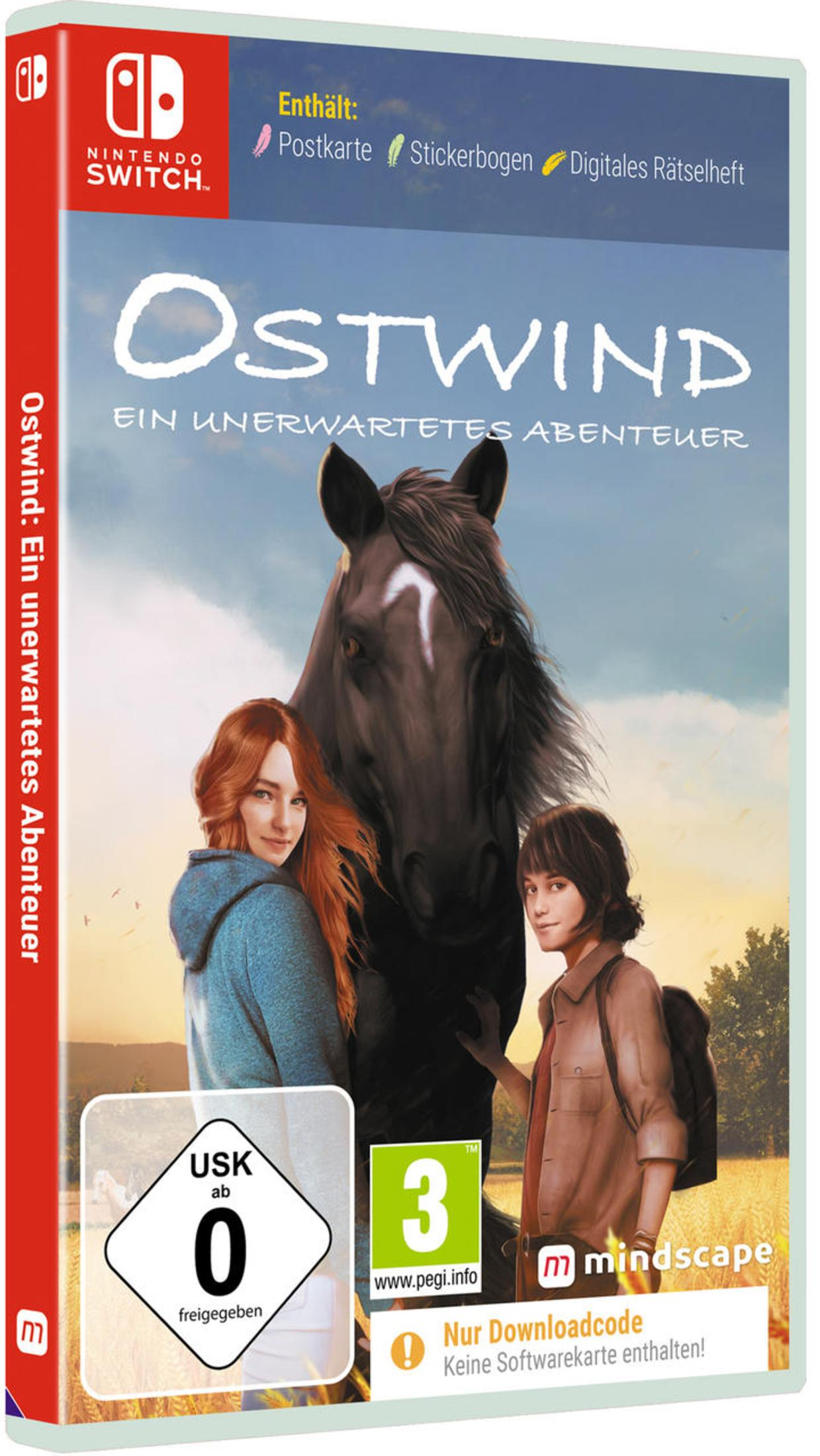 Spielcover mit einem Pferd und zwei Personen. Der Text lautet: Ostwind Ein Unerwartetes Abenteuer.