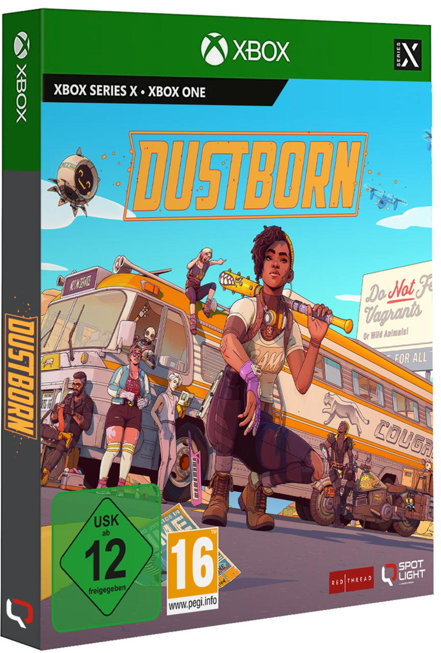 Boîte de jeu pour 'Dustborn', avec un bus avec des gens, une femme tenant une batte et un arrière-plan urbain.
