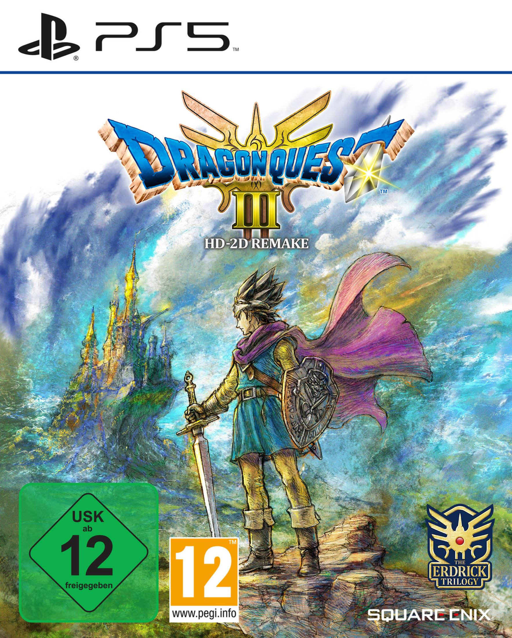 Copertina del gioco. Titolo: Dragon Quest III HD-2D Remake. Mostra un guerriero con spada e scudo.