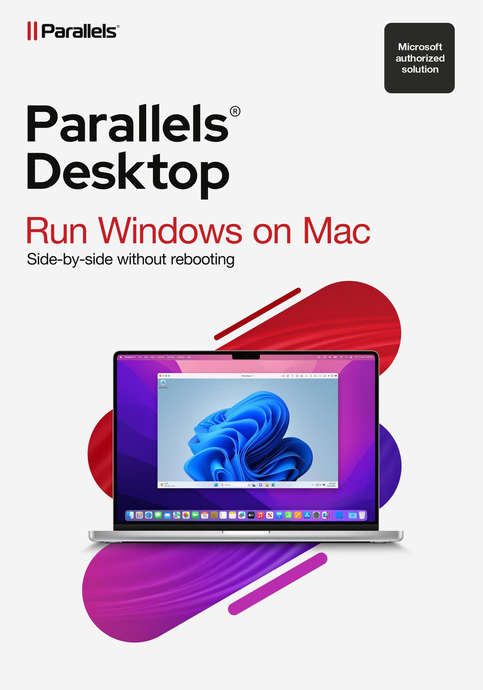 Pudełko Parallels Desktop z obrazem laptopa. Uruchom Windows na Macu. Autoryzowane rozwiązanie Microsoft.