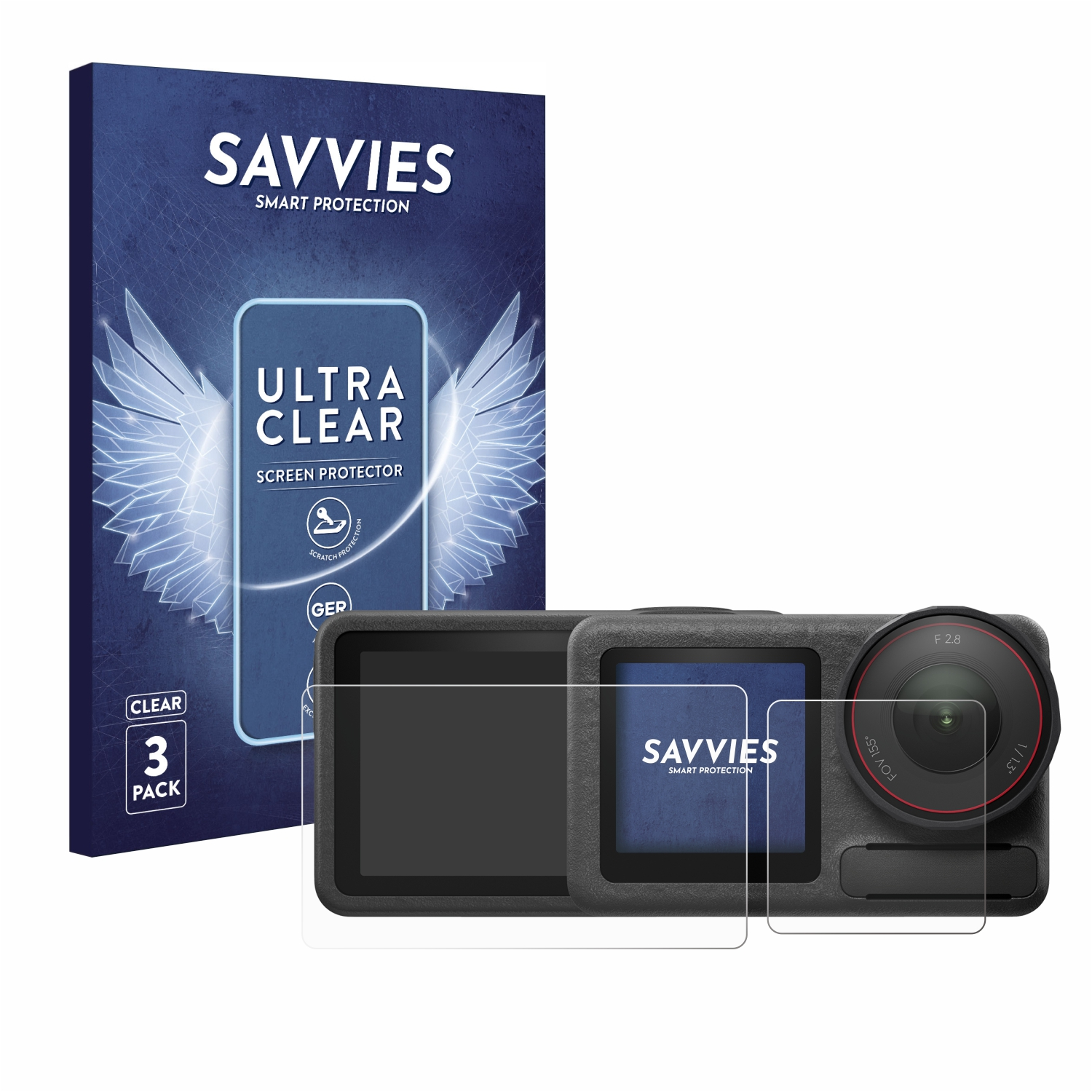 Box mit Displayschutz und Kamera. Der Schutz hat ein Flügeldesign und den Text SAVVIES.