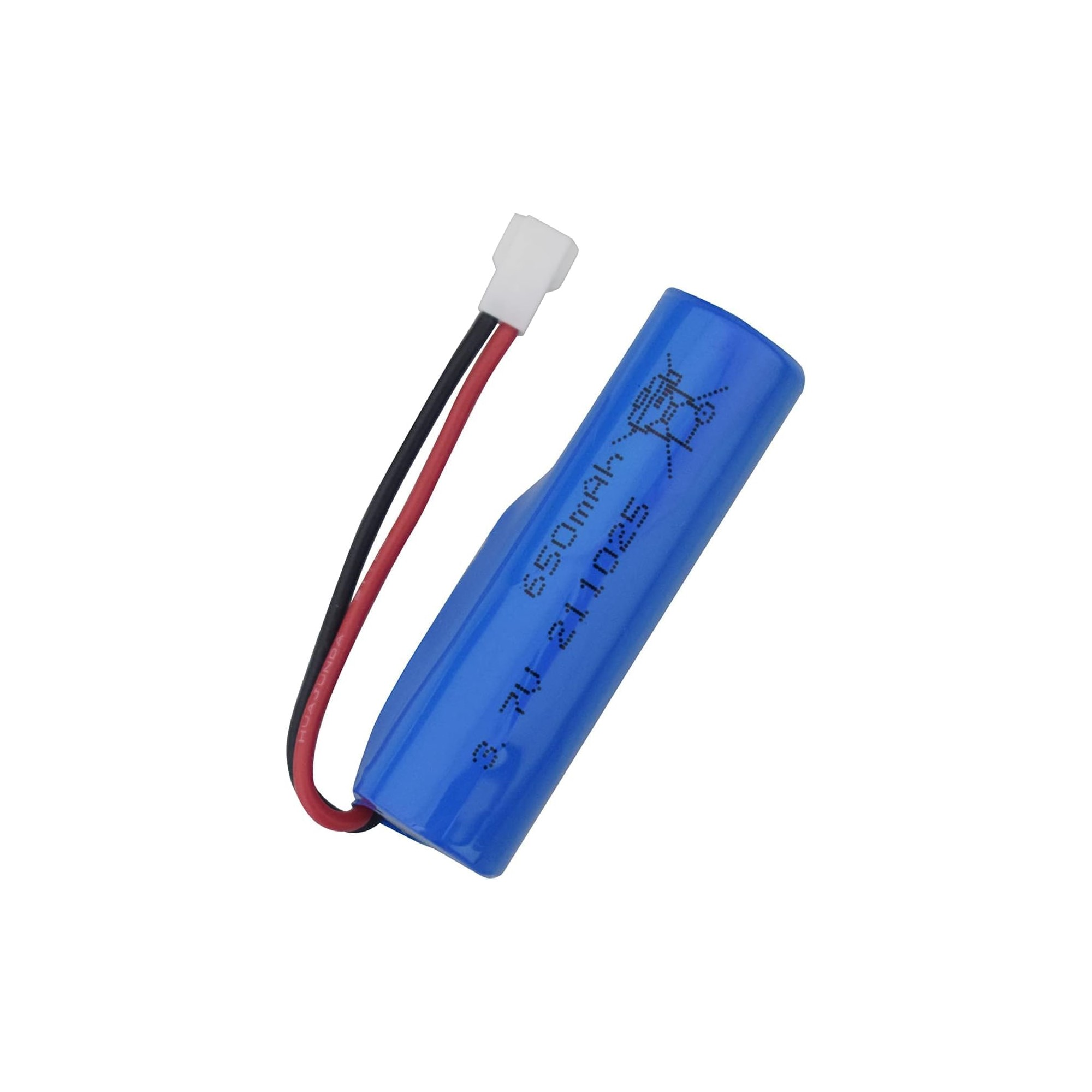 Eine blaue Lithium-Ionen-Batterie mit schwarzen und roten Drähten, die sich von einem Ende erstrecken.