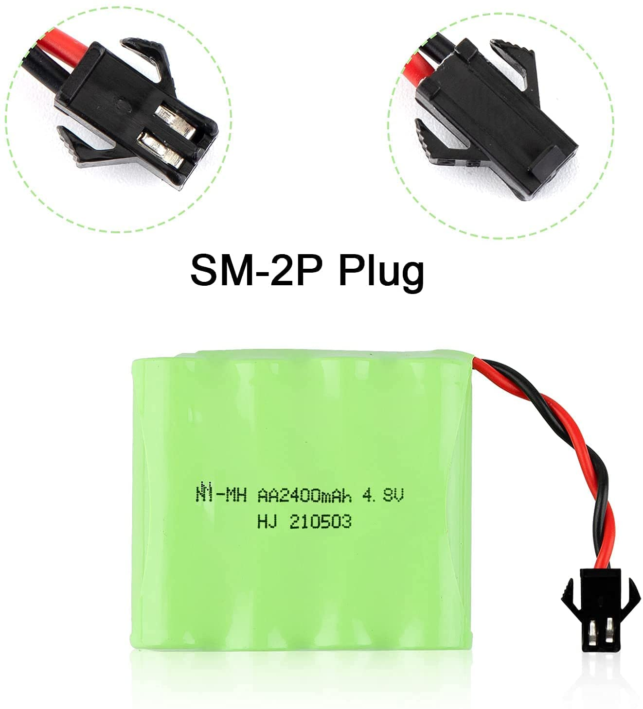 Grüne Batterie mit zwei schwarzen Steckern oben. SM-2P-Stecker-Etikett.