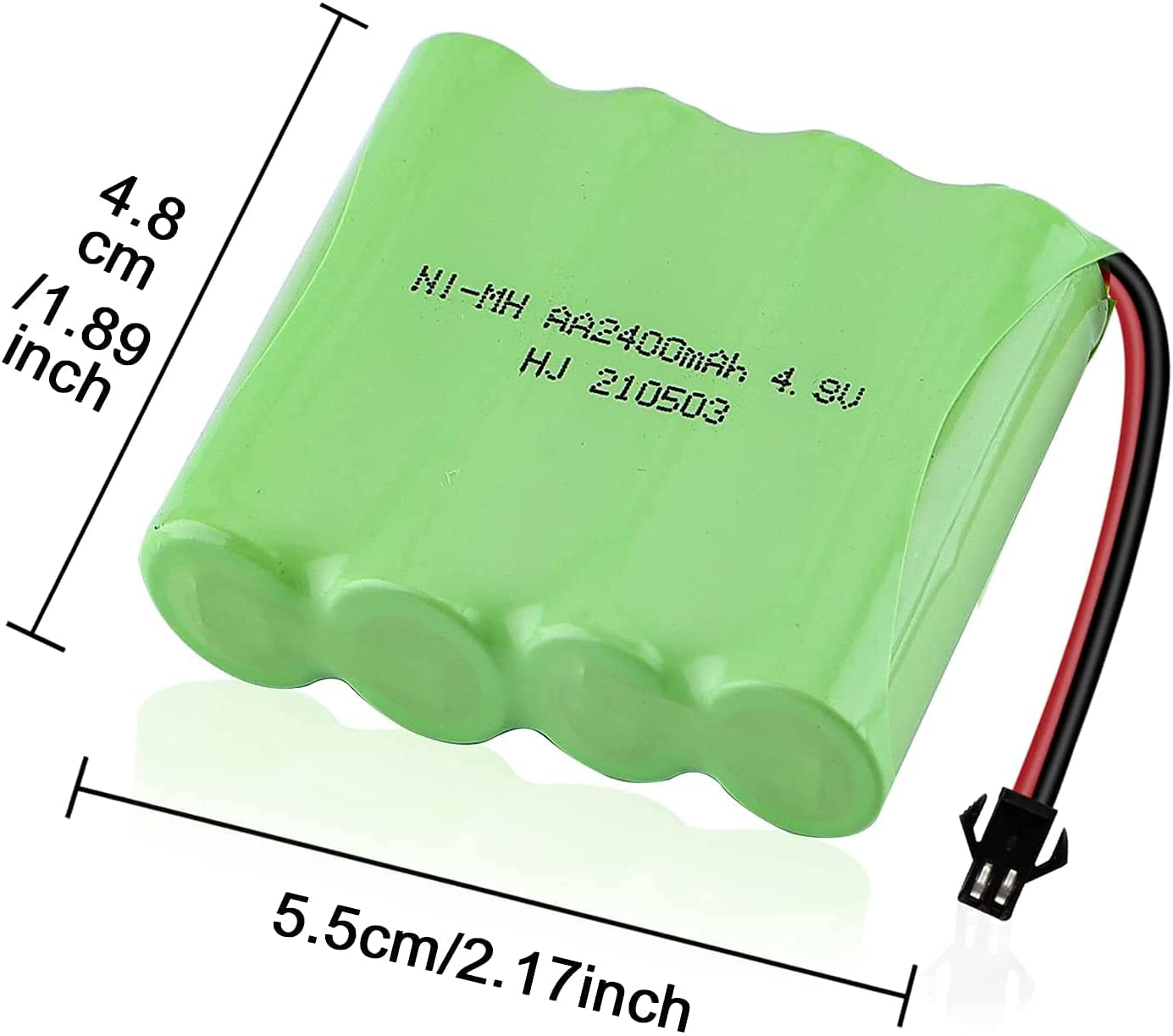 Grünes Batteriepack mit Abmessungen in cm und Zoll.