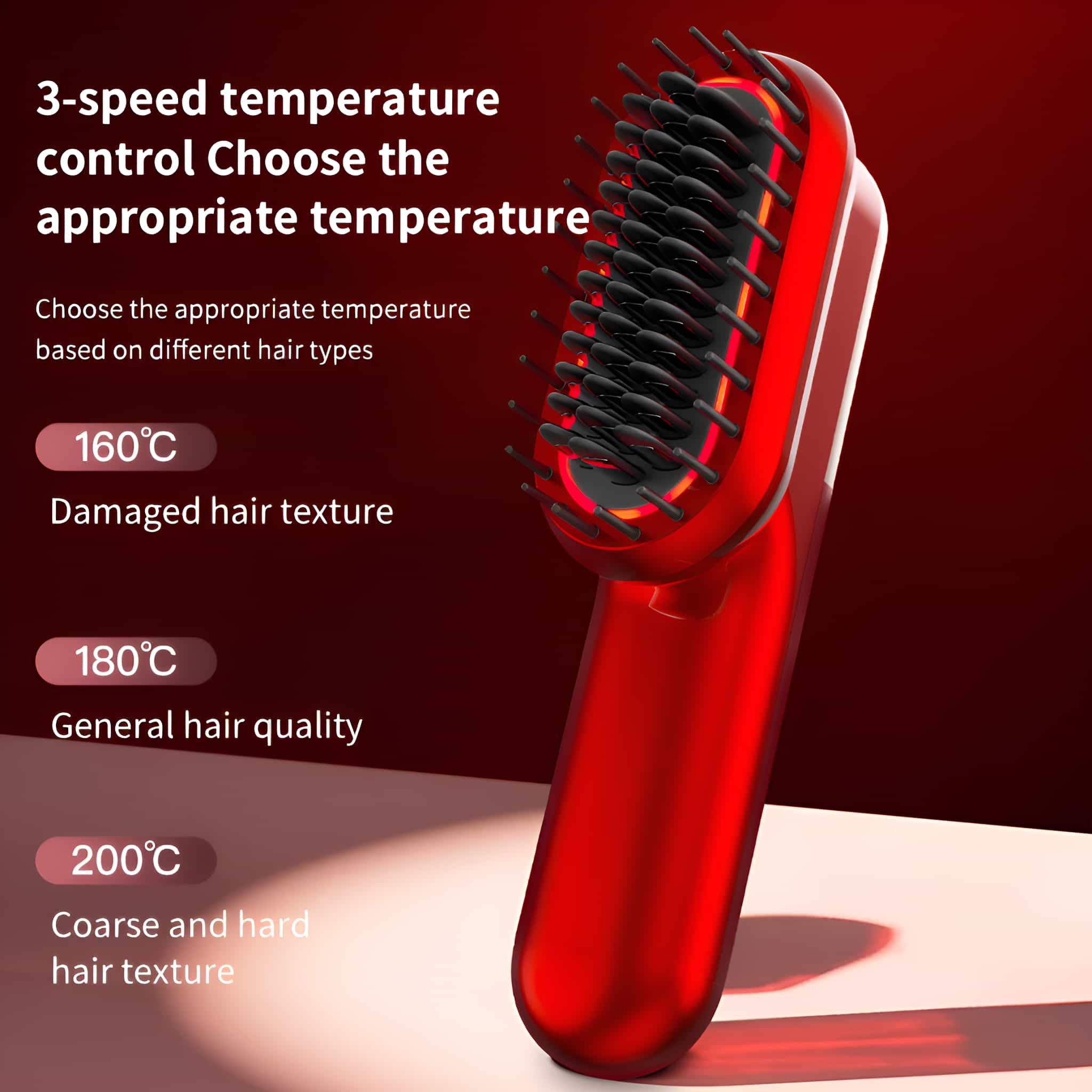 Rote Haarbürste mit Temperatureinstellungen. Text überlagert einen roten Hintergrund.