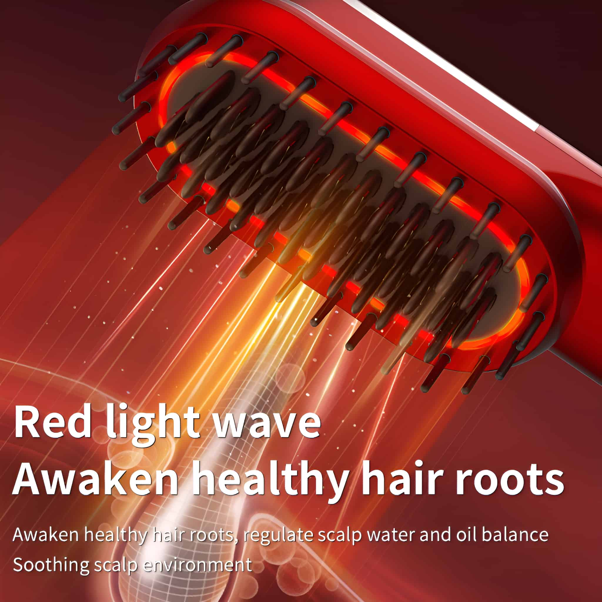 Ein rotes Haarpflegegerät mit leuchtender roter Oberfläche und Borsten, mit Text über die Gesundheit der Haarwurzeln.