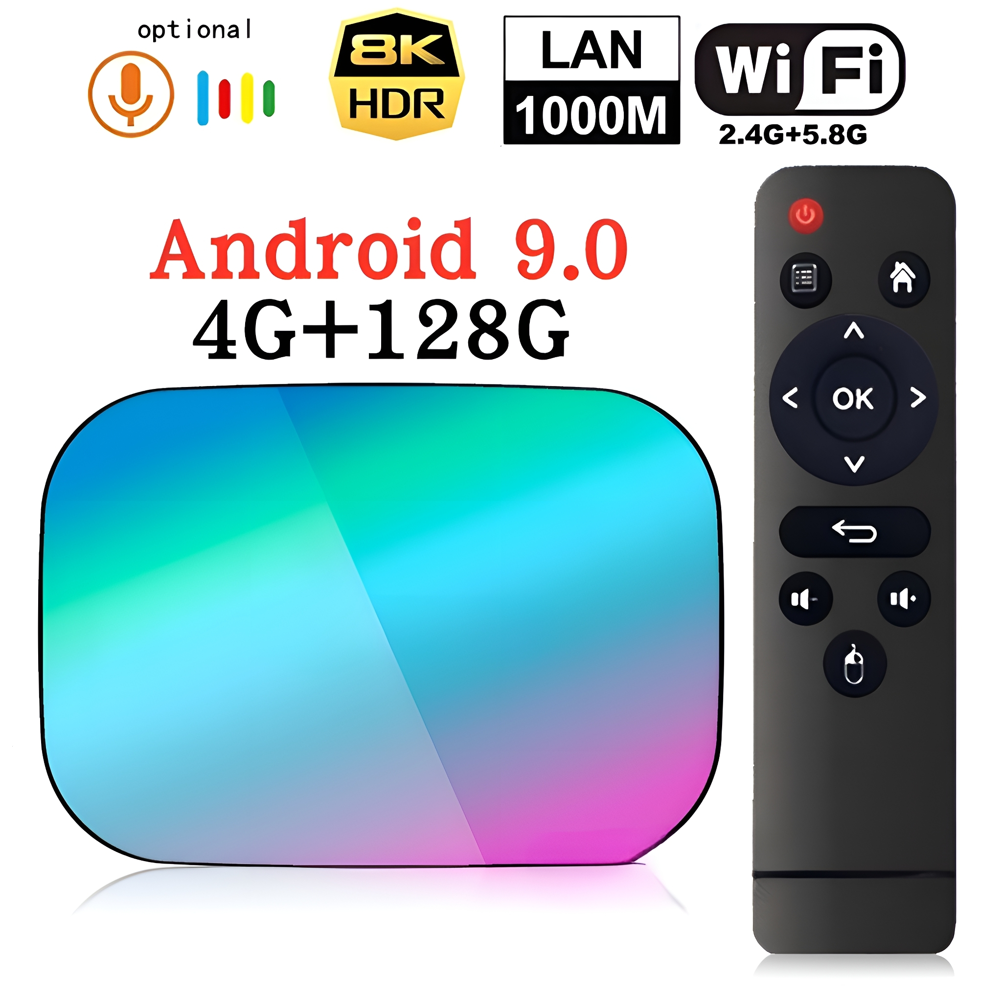 Schwarze Fernbedienung und eine schwarz-blaue TV-Box mit Tasten und Symbolen, auf weißem Grund.