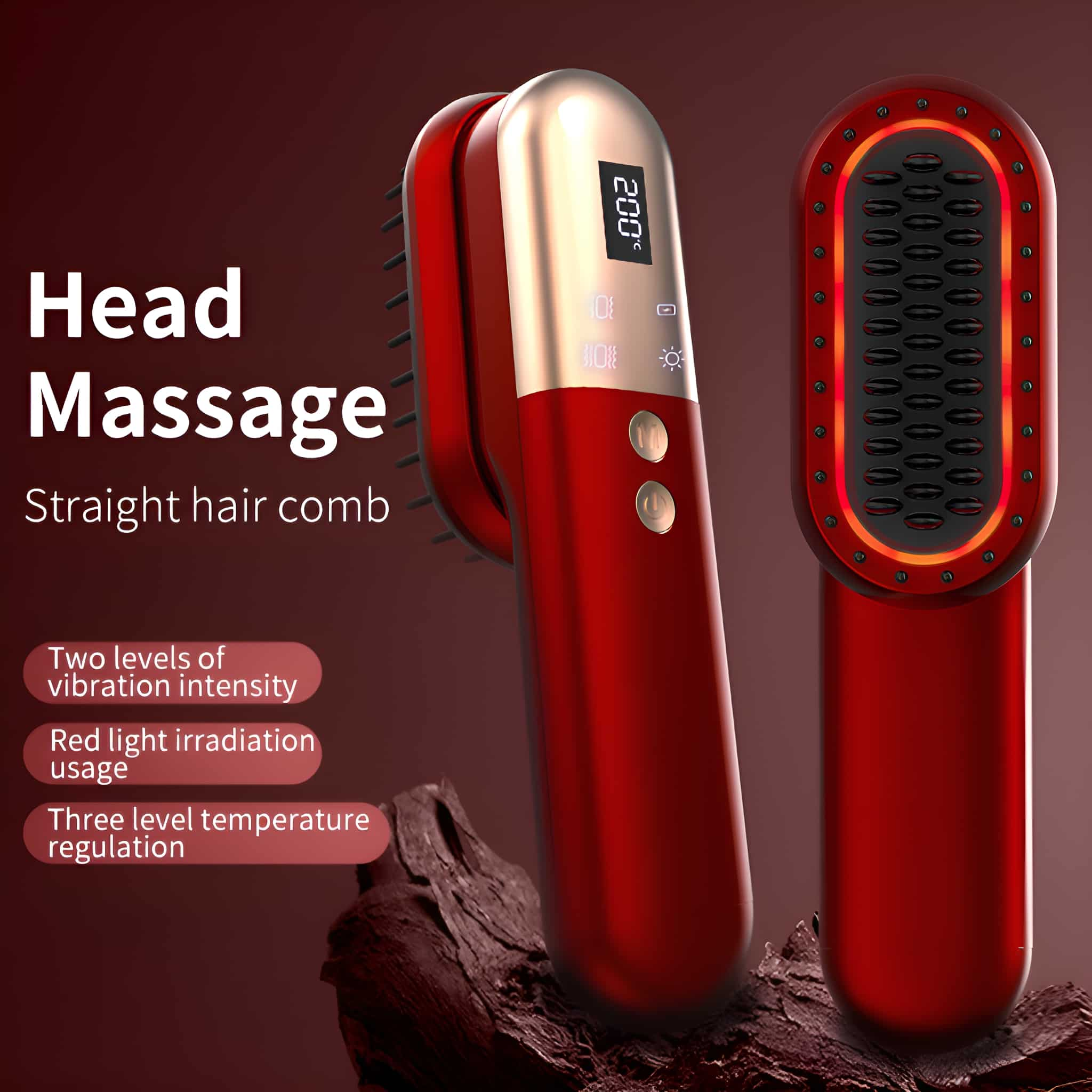 Ein rotes Haarglätteisen mit Digitalanzeige und Knöpfen, neben einer Detailansicht der Heizstifte.