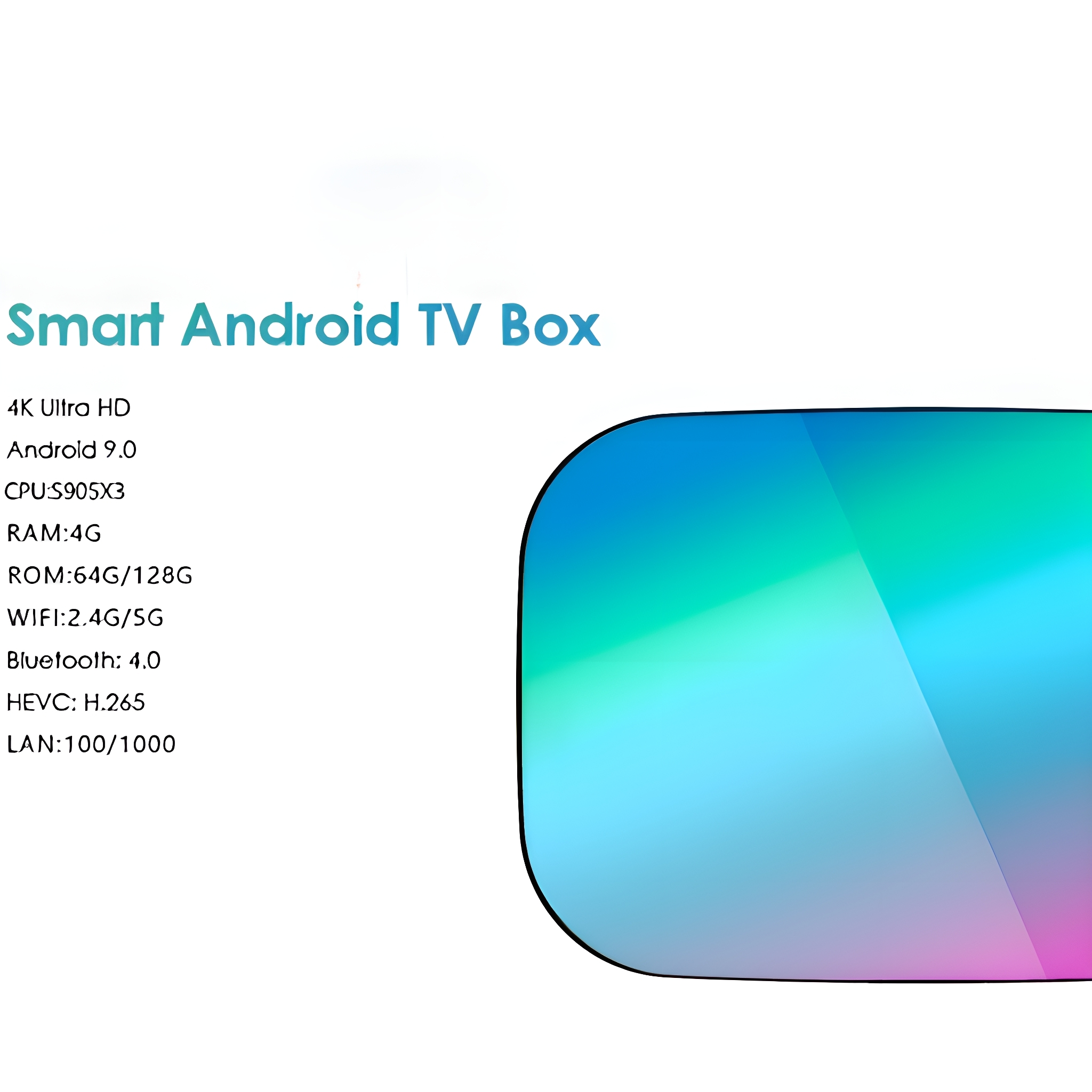 Blau-violetter Farbverlauf Smart Android TV Box auf weißem Hintergrund. Text beschreibt Funktionen.