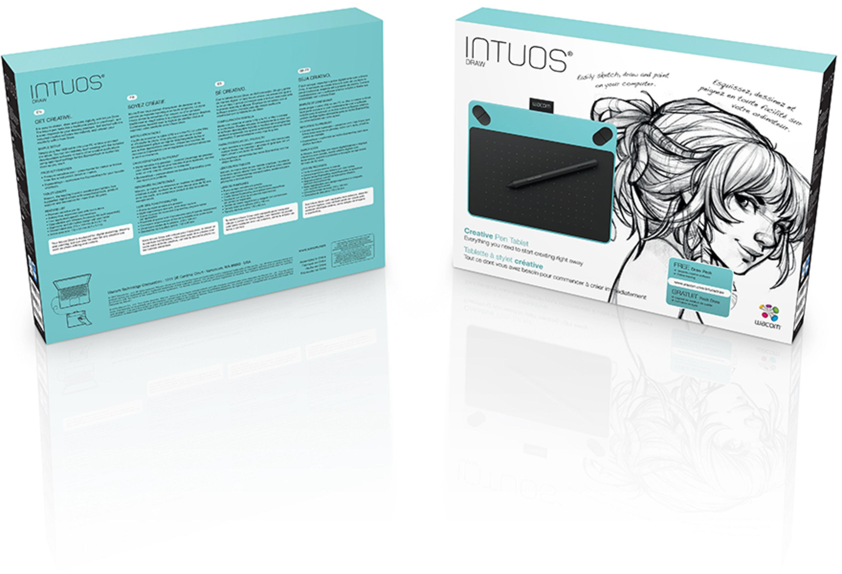 Produktbox: Intuos Draw Stifttablett, schwarzes Tablet, Künstlerillustration.