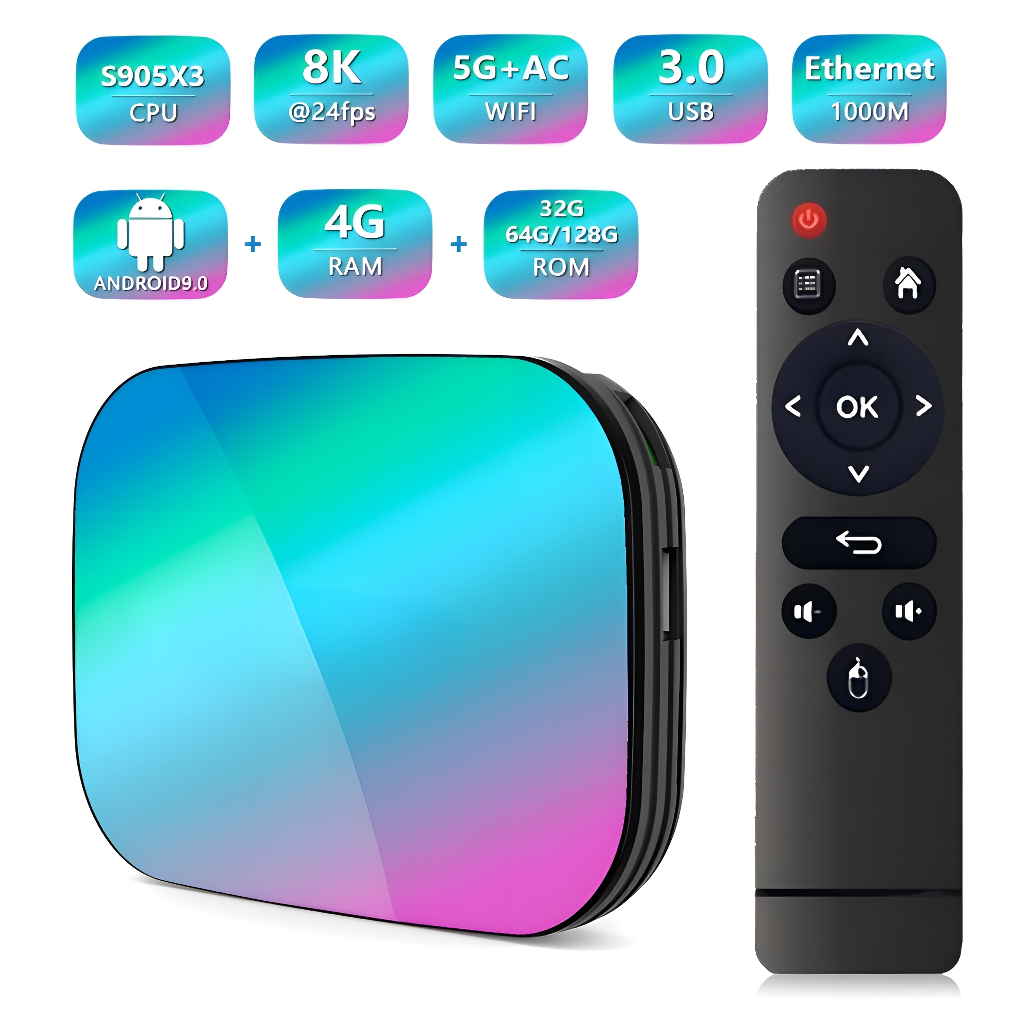 TV-Box und Fernbedienung. Box hat bunten Farbverlauf. Symbole für 8K, Wi-Fi, USB und Android. Schwarze Fernbedienung.