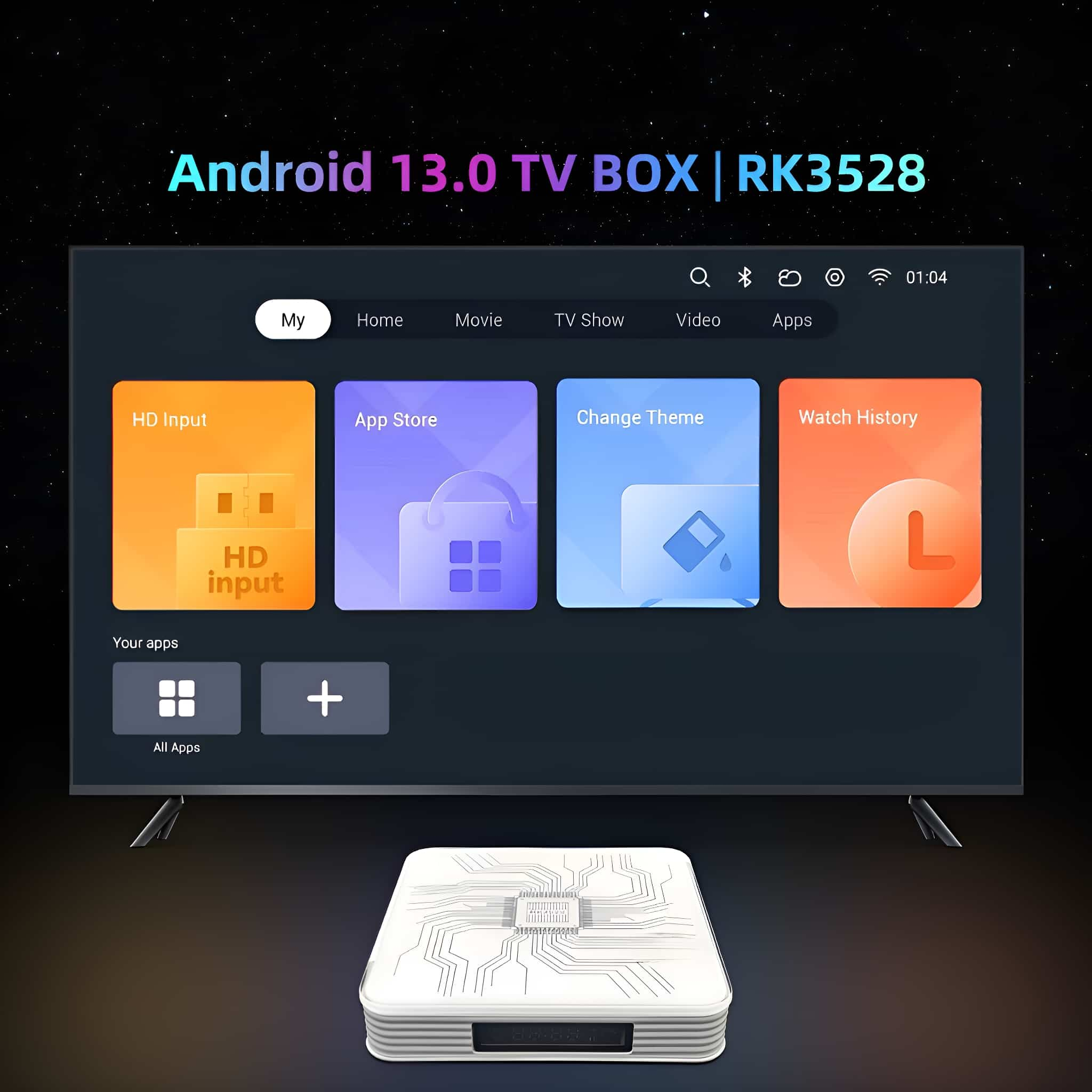 Eine Android 13 TV BOX auf dunkler Oberfläche. Der Fernseher zeigt verschiedene App-Symbole.
