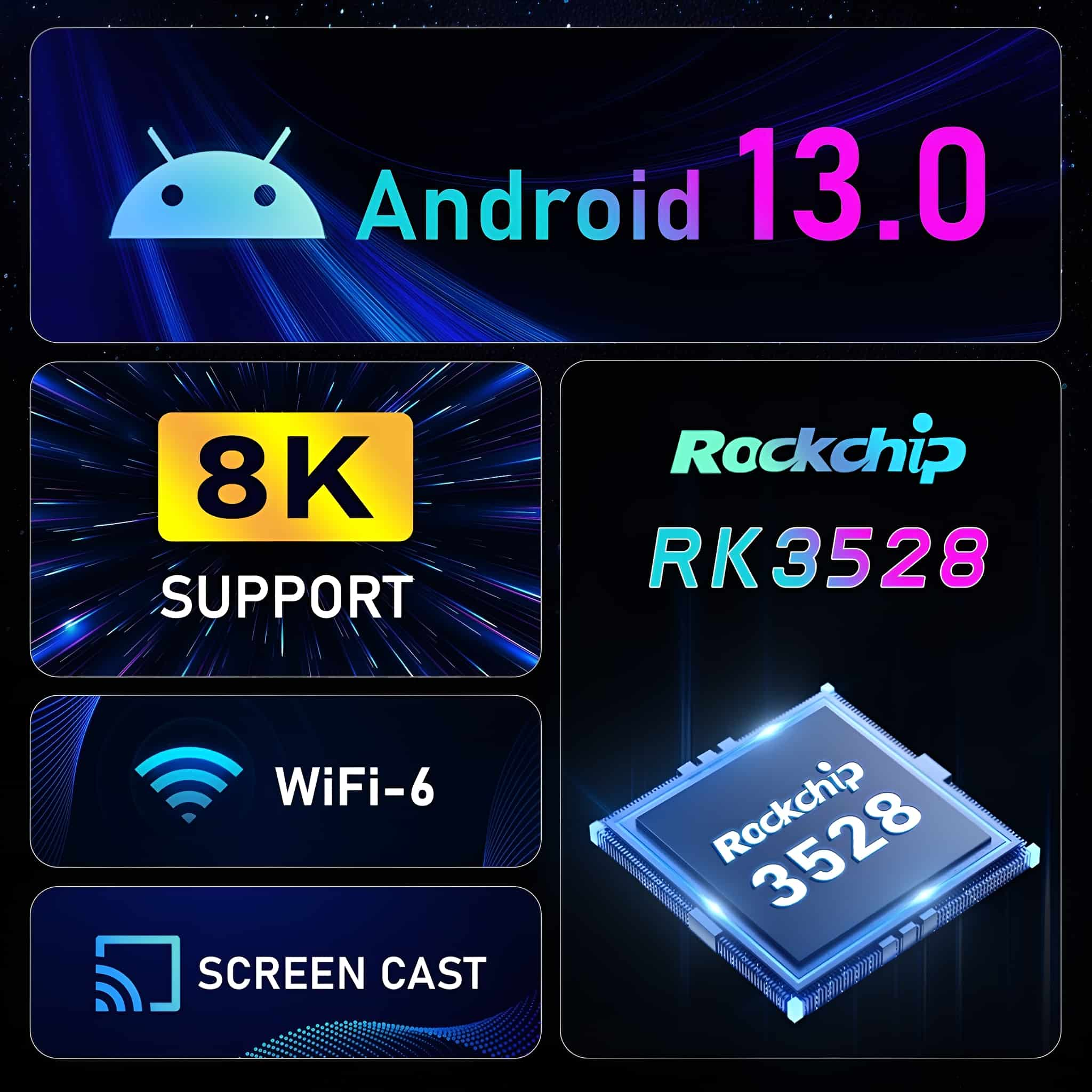 Werbebild mit Text über Android 13.0, 8K-Unterstützung, Wi-Fi 6 und Bildschirmübertragung.