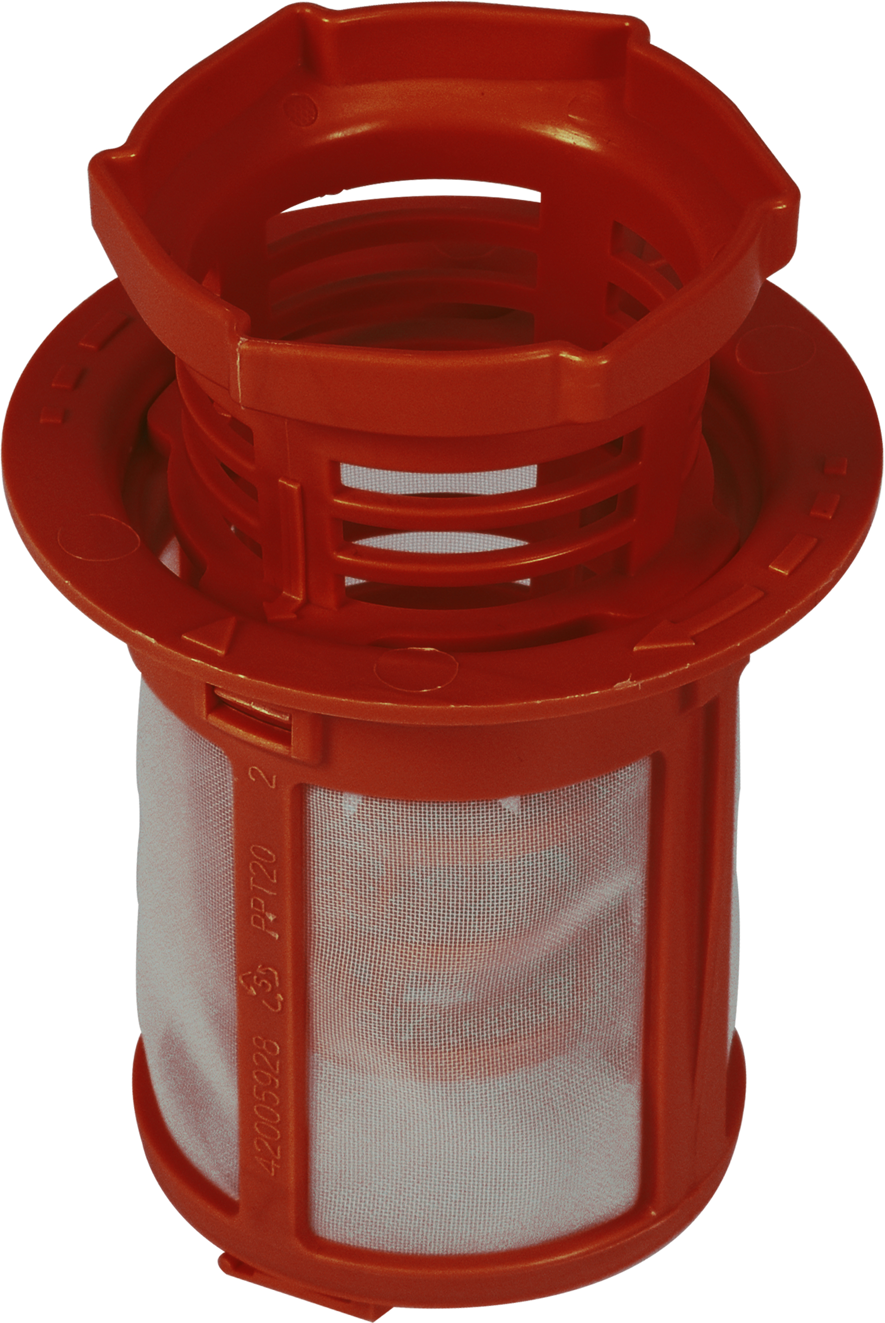 Un filtro rosso per lavastoviglie con una rete fine. Ha una forma cilindrica con un bordo.