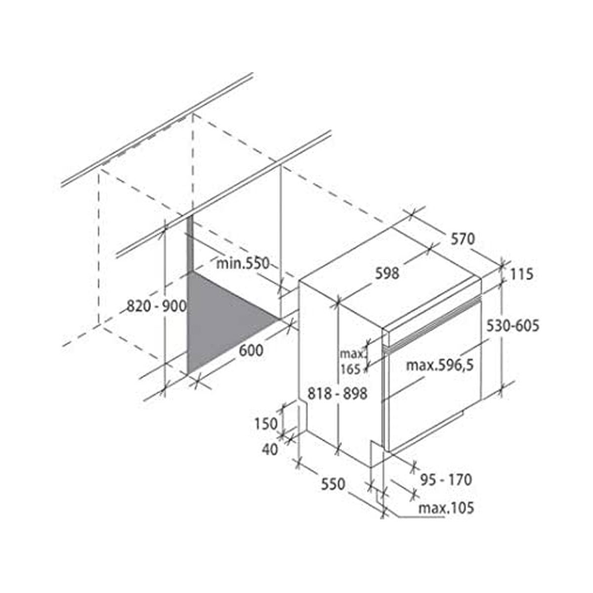 Un disegno tecnico che mostra le dimensioni di un elettrodomestico da incasso con misure.