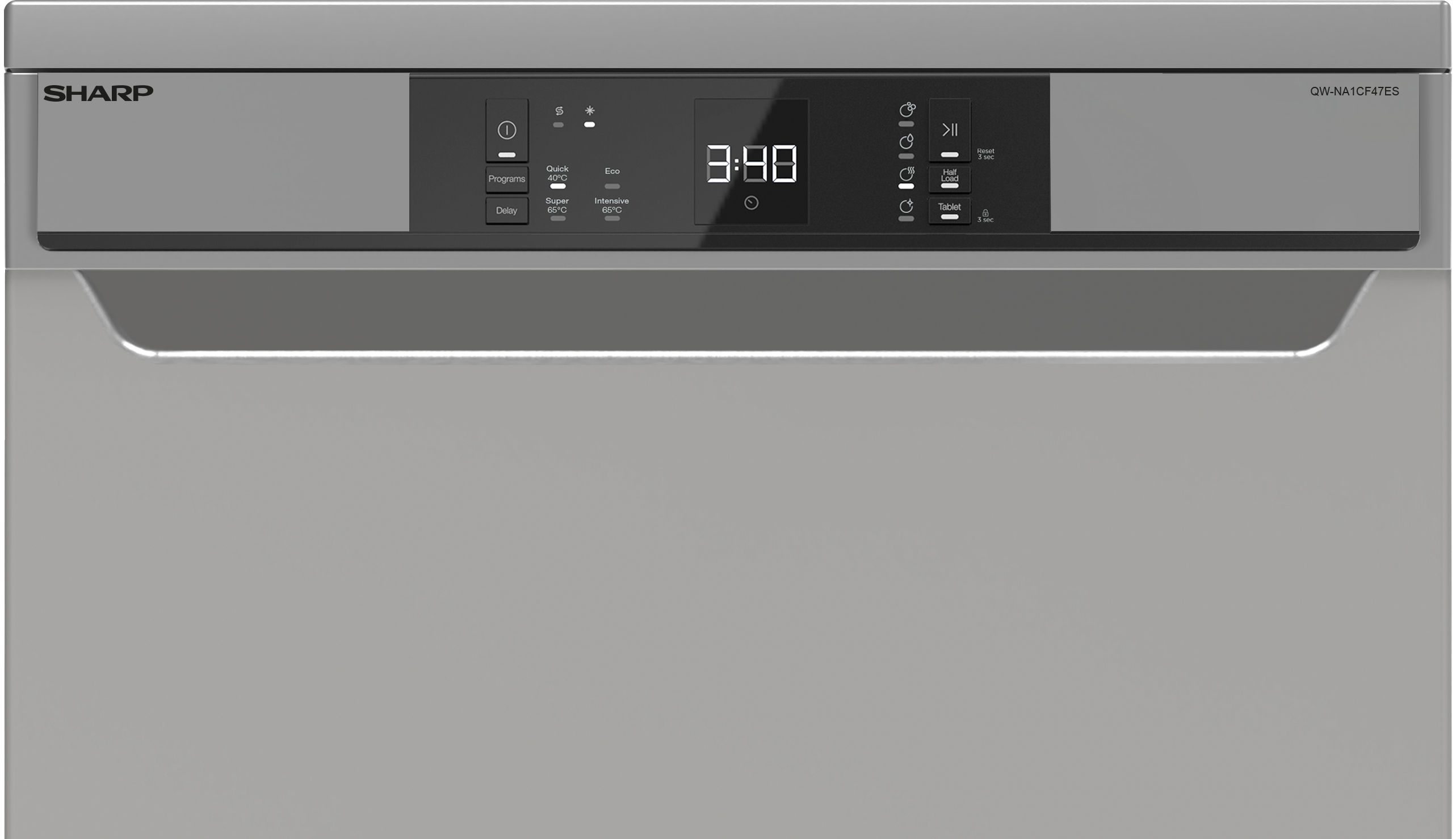 Un pannello di controllo lavastoviglie Sharp grigio mostra un timer 3:40 e opzioni.