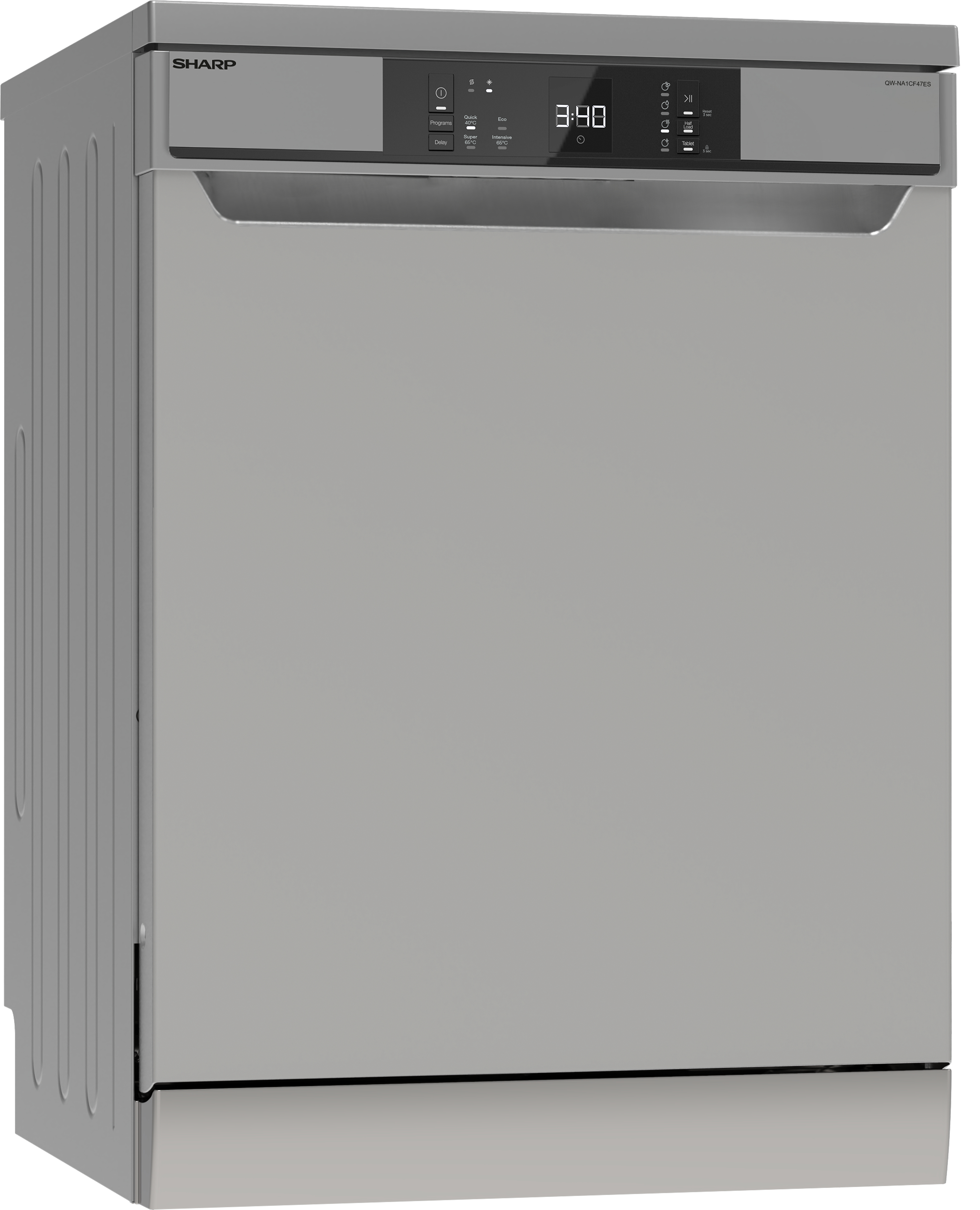 Una lavastoviglie Sharp argentata con display digitale che mostra '3:48'.