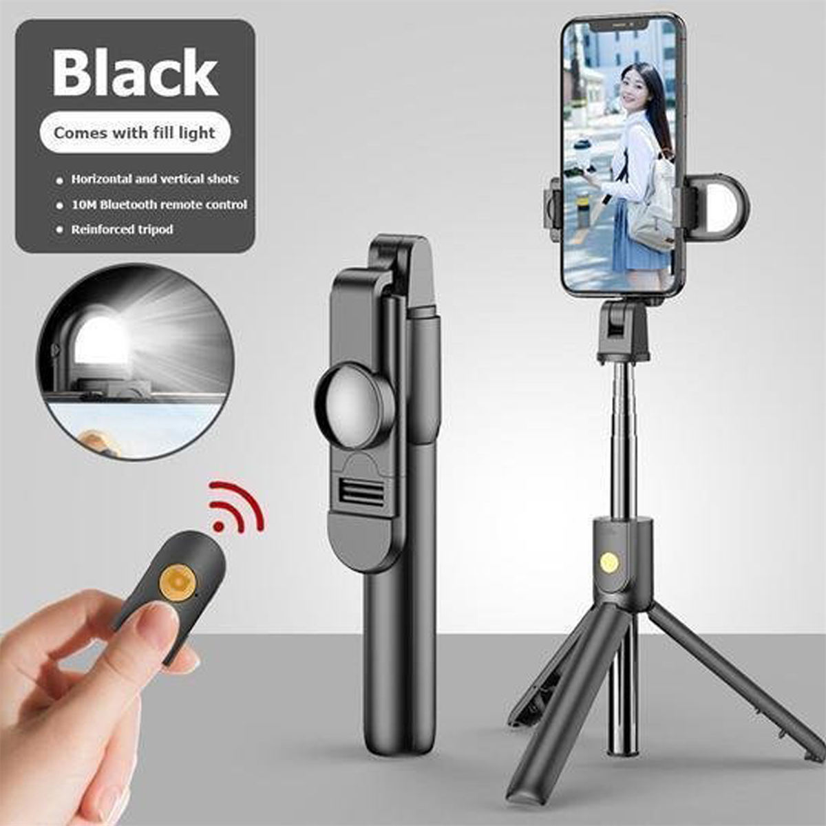 Schwarzer Selfie-Stick mit Telefon, Fernbedienung und Fülllicht.