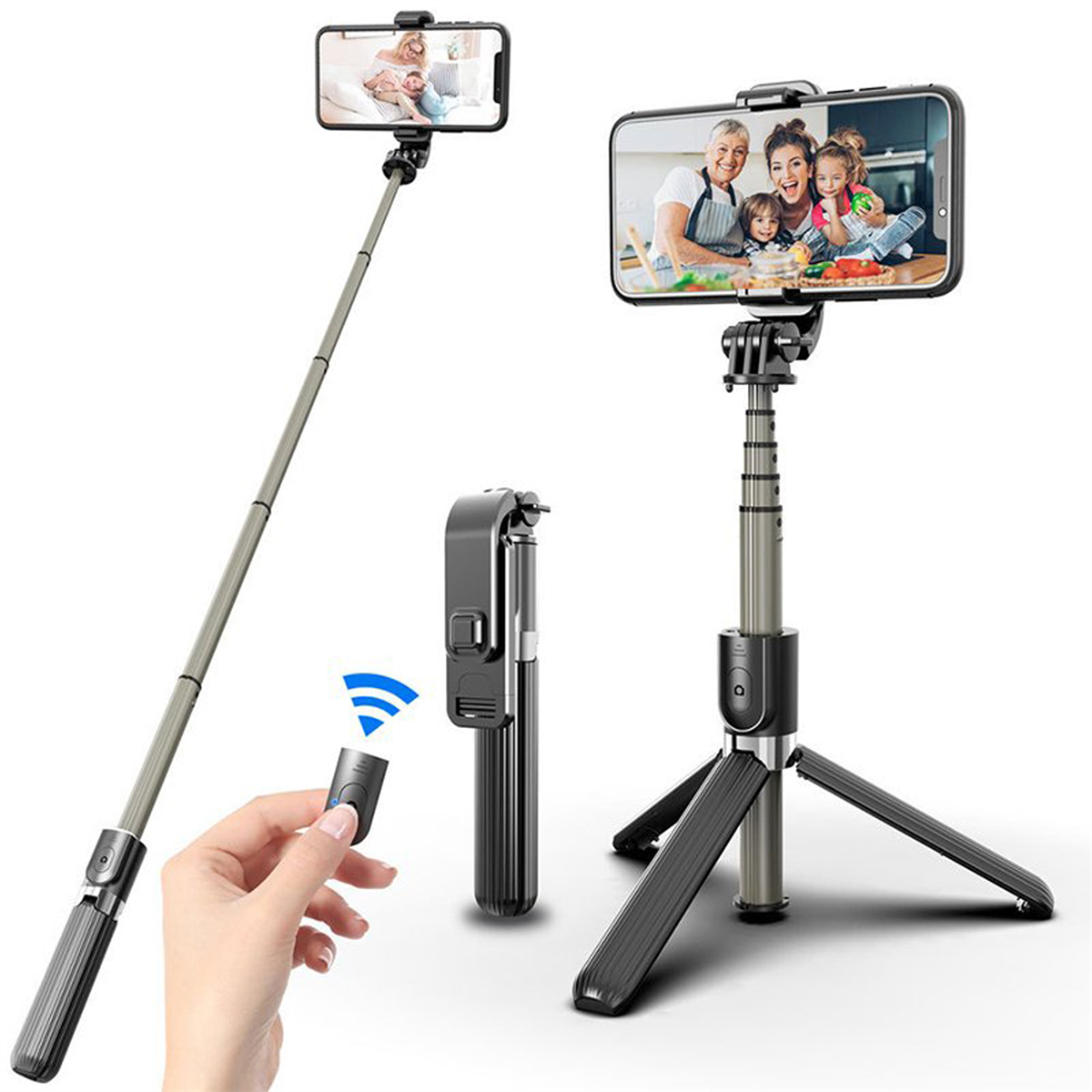 Ein schwarzer Selfie-Stick und eine Fernbedienung. Es hält ein Telefon, das ein Familien-Selfie auf einem Stativ anzeigt.