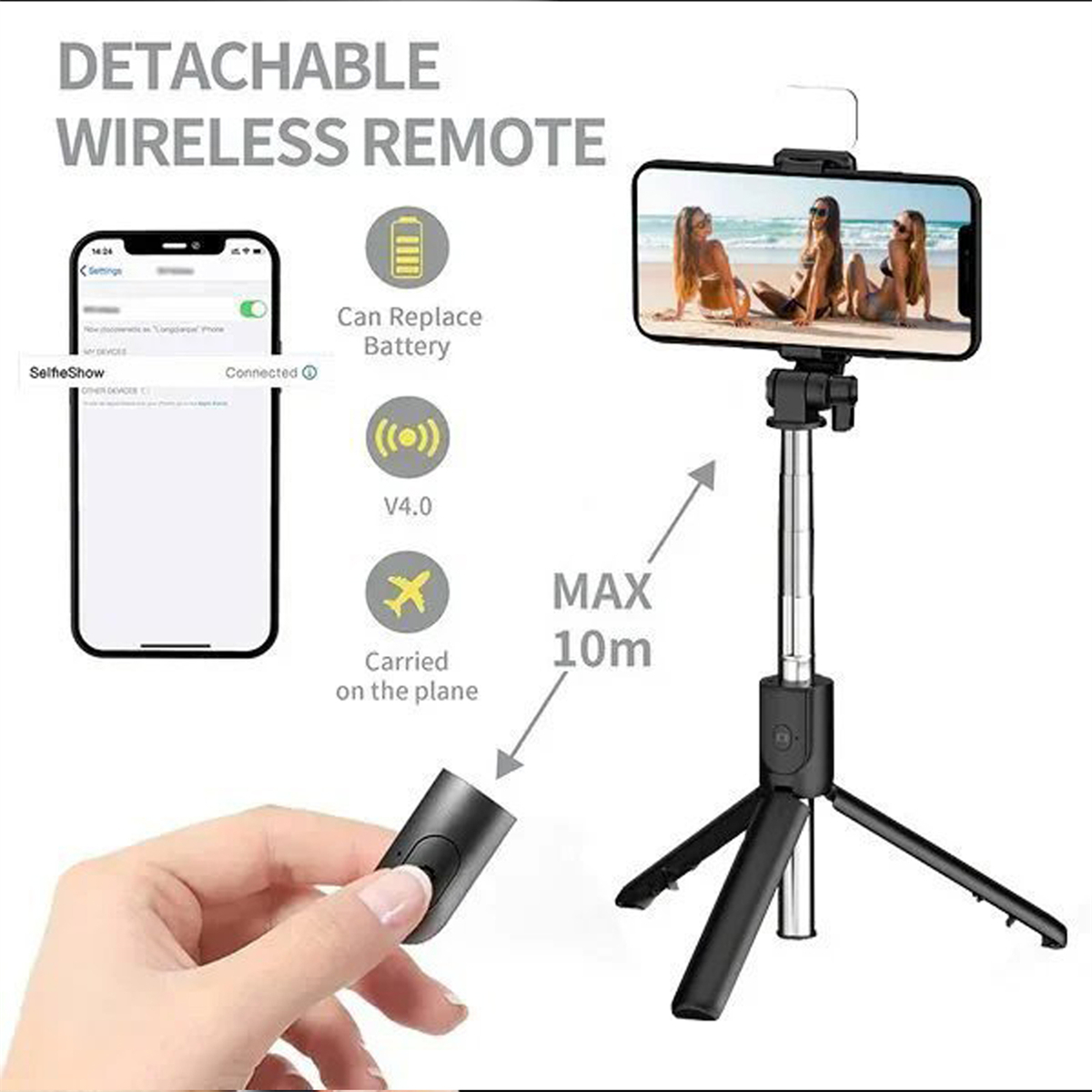 Selfie-Stick mit Telefon, das drei Frauen am Strand zeigt. Fernbedienung, Telefon und Symbole sind ebenfalls gezeigt.