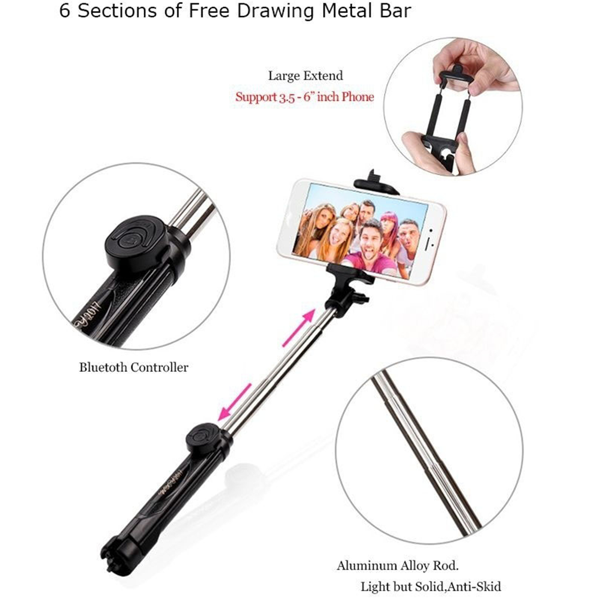 Diagramm, das Teile eines Selfie-Sticks zeigt: Controller, Telefonhalter, Aluminiumlegierungsstange und Anweisungen.