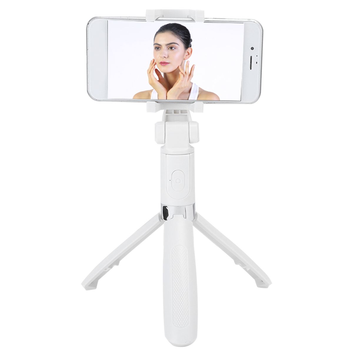 Weißer Selfie-Stick mit einem Telefon, das das Gesicht einer Frau zeigt.