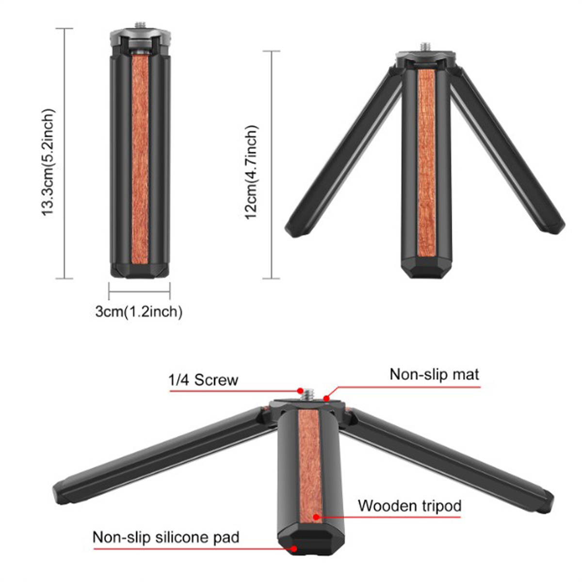 Ein schwarzes Stativ mit einem Mittelteil aus Holz, mit Maßangaben und Funktionsbeschriftungen.