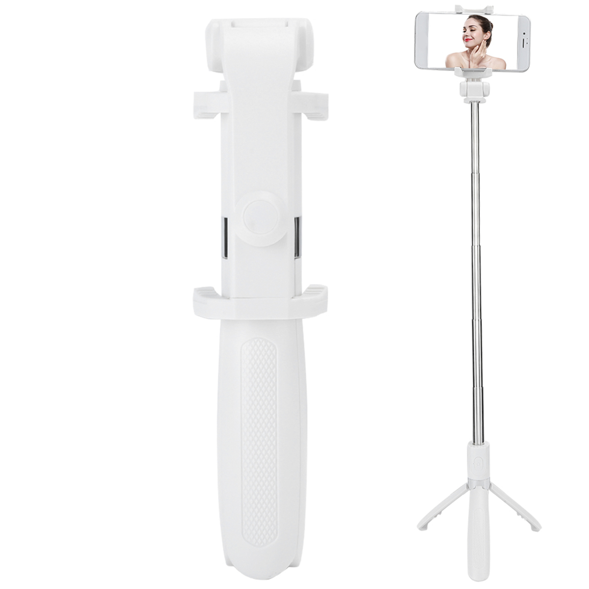 Weißer Selfie-Stick mit Telefon, das Selfie einer Frau zeigt.