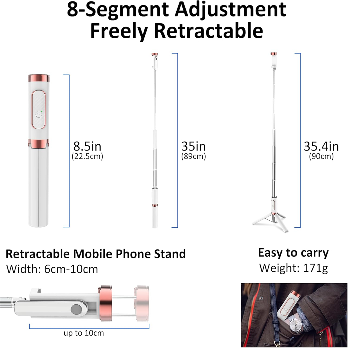Weißer und roségoldener Selfie-Stick. Maße sind angezeigt.  Eingezogen und voll ausgezogen.