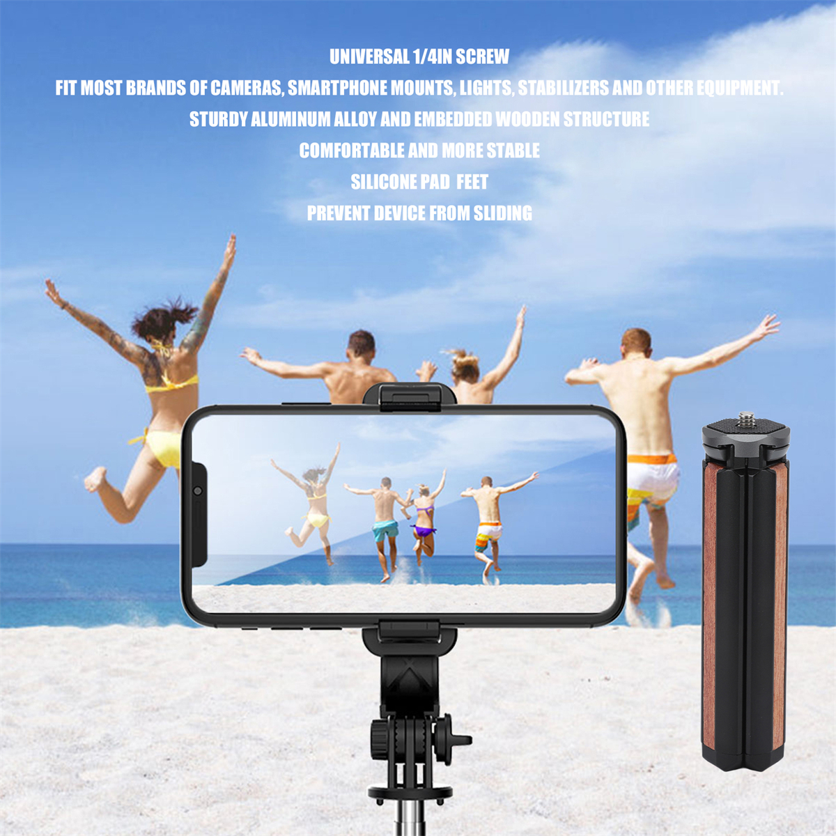 Ein Smartphone auf einem Ständer, das Menschen am Strand fotografiert. Ein Stativ und Text über die Funktionen.