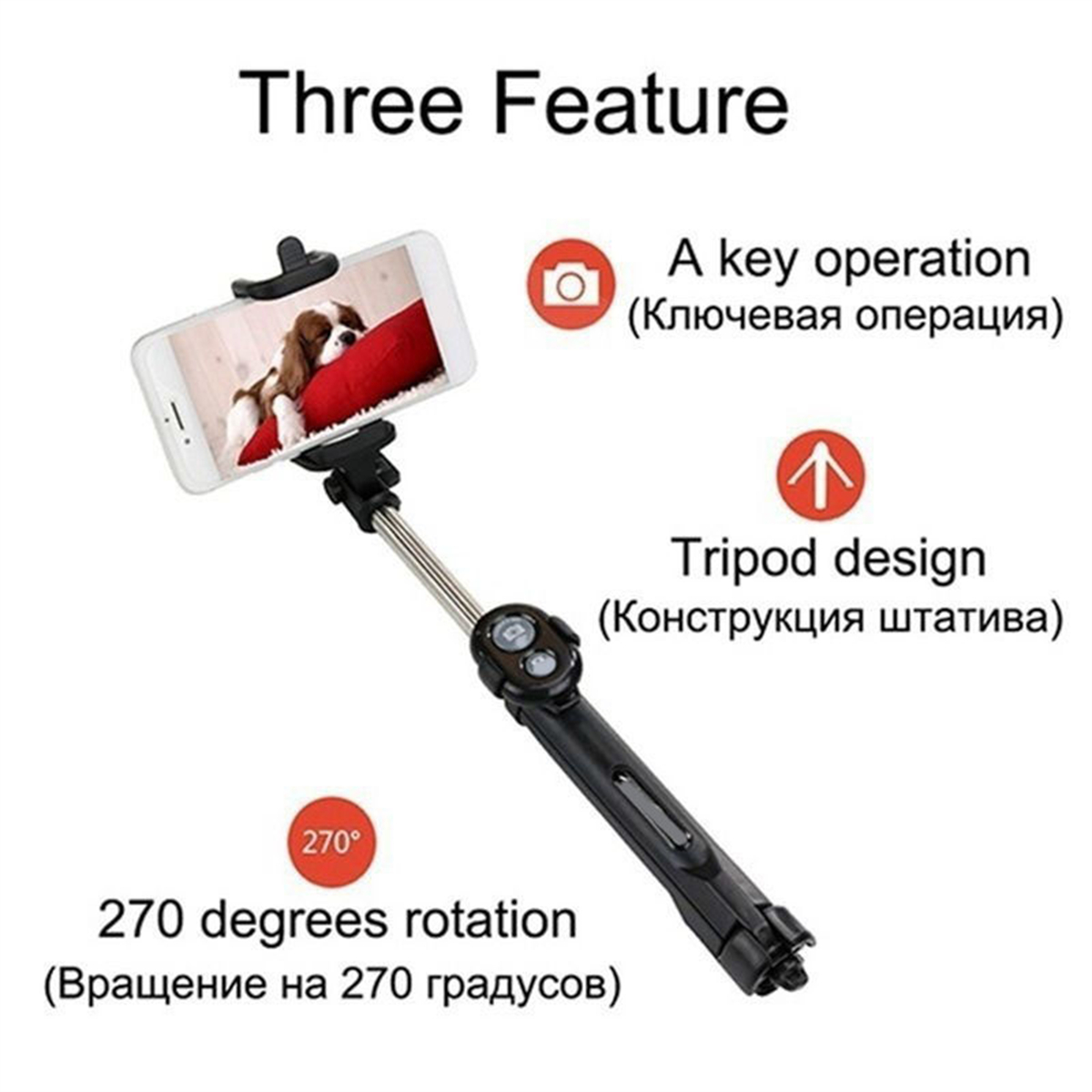 Ein Selfie-Stick mit einem Telefon, das ein Foto zeigt. Symbole für Funktionen werden angezeigt.