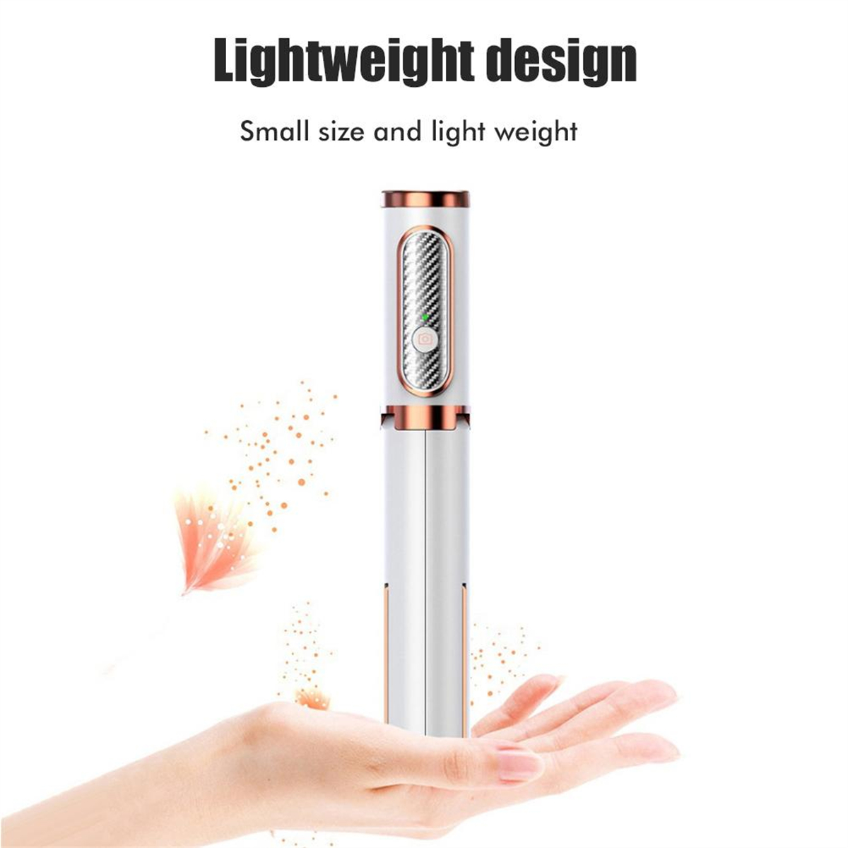 Ein weißer und goldener Selfie-Stick mit kleinem Design. Er hat den Text „Leichtes Design“.