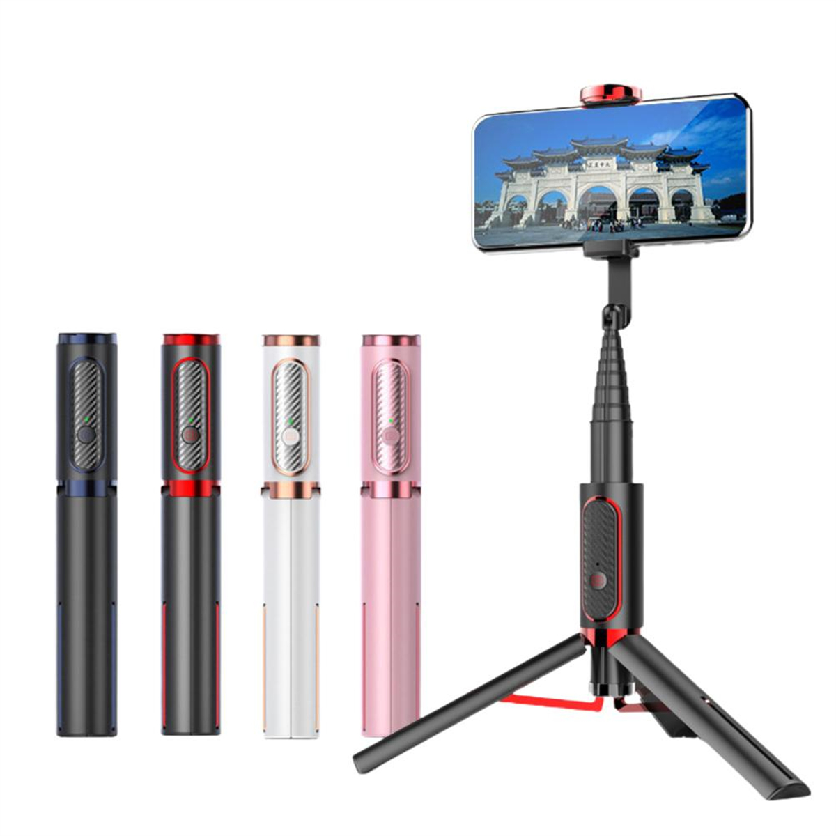 Vier Selfie-Sticks und einer mit einem Telefon.