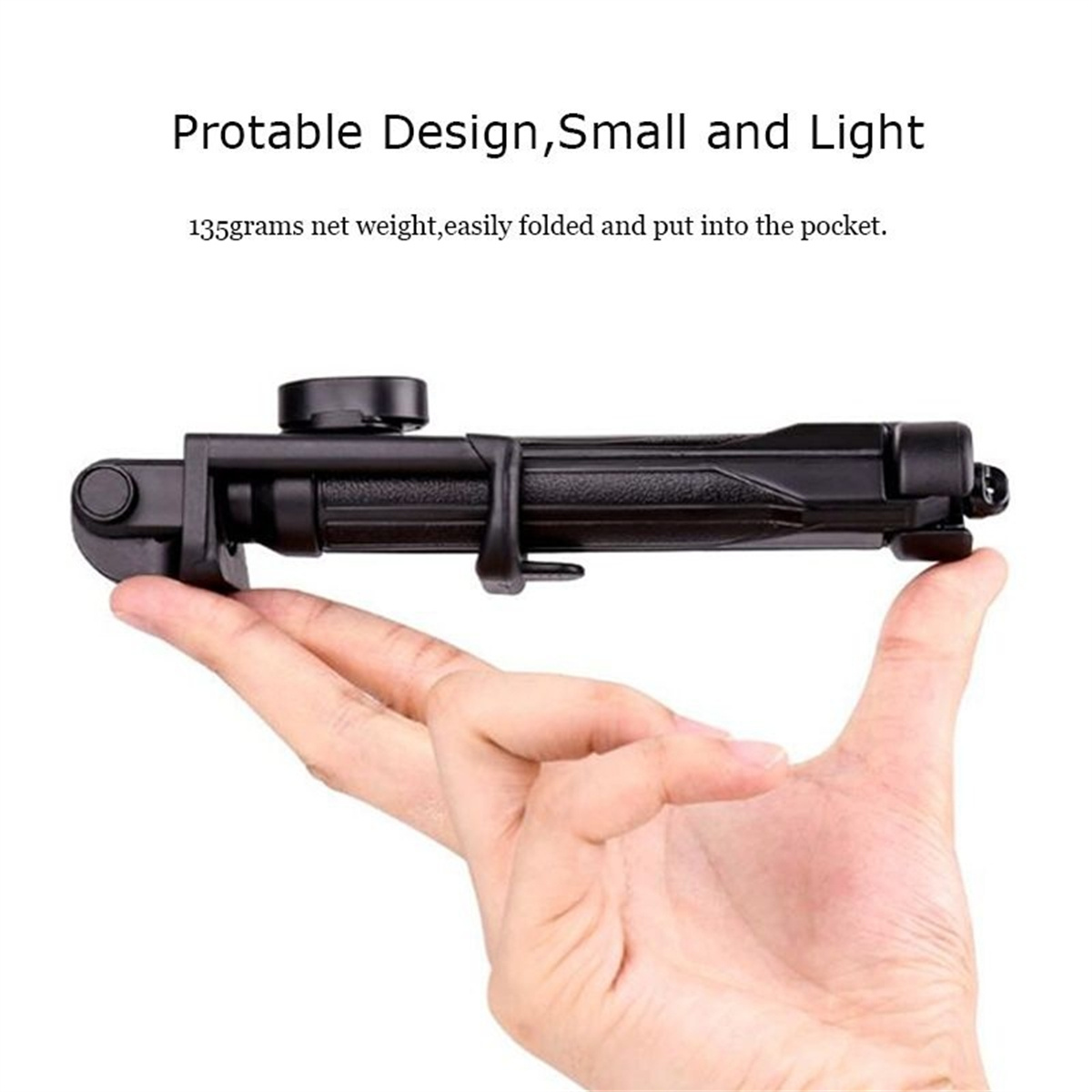 Eine Hand, die einen schwarzen Selfie-Stick hält, mit Text, der das leichte Design beschreibt.