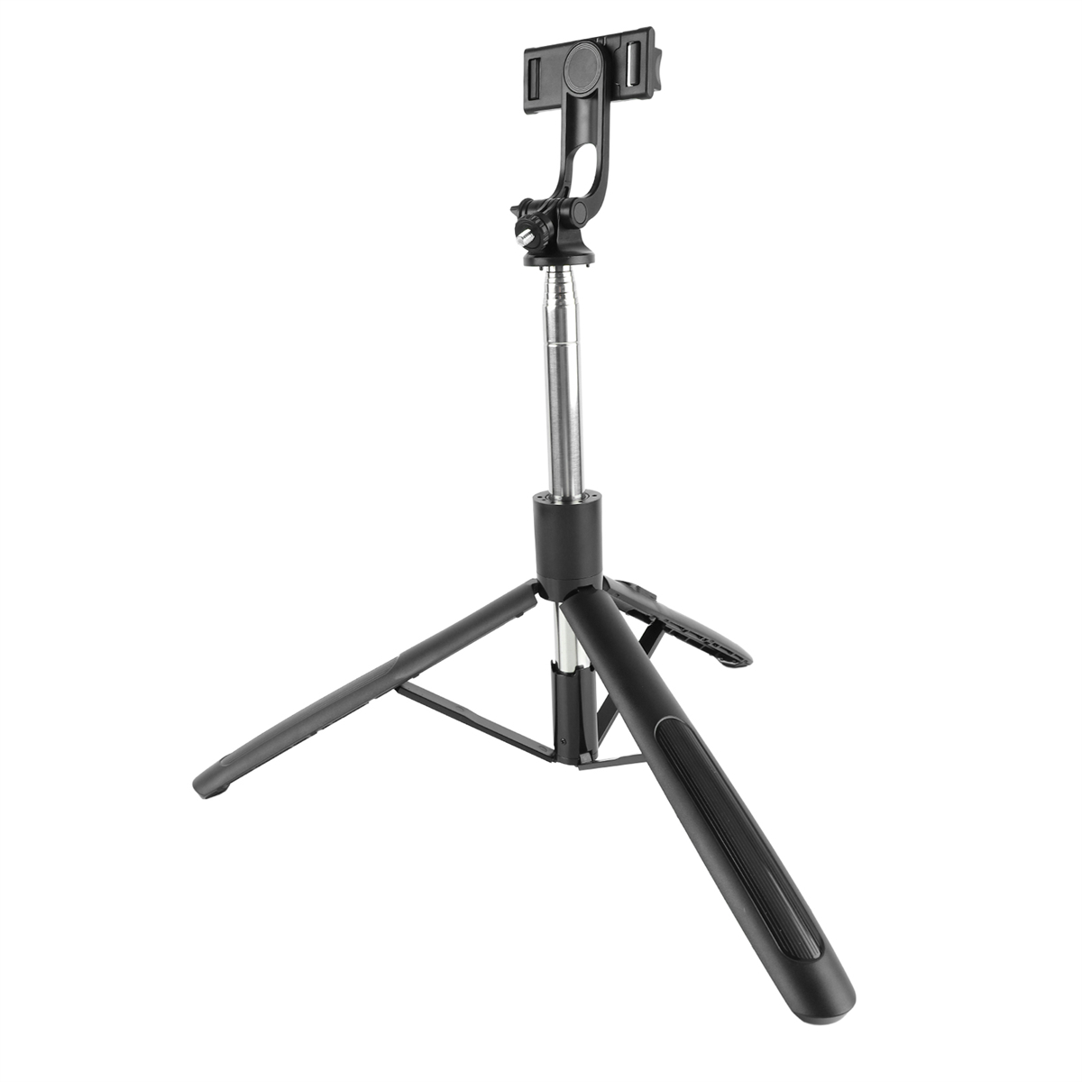 Schwarzes Selfie-Stick-Stativ mit Telefonhalter und ausgeklappten Beinen.