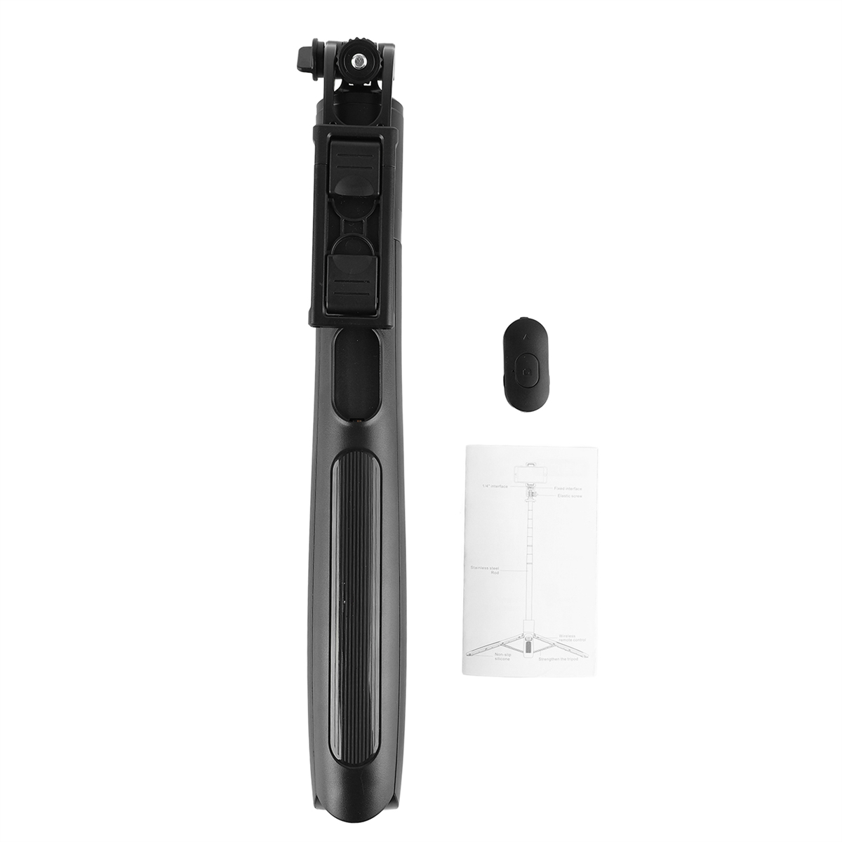 Schwarzer Selfie-Stick mit Fernbedienung und Diagramm. Der Stick ist gefaltet und einsatzbereit.