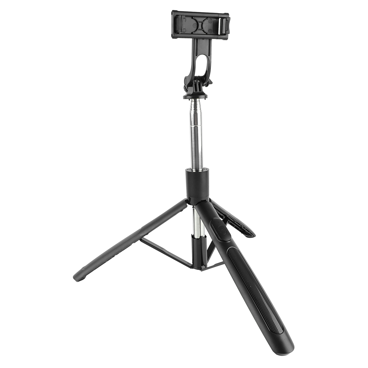 Schwarzer Stativ-Selfie-Stick mit Telefonhalterung oben und drei Beinen.