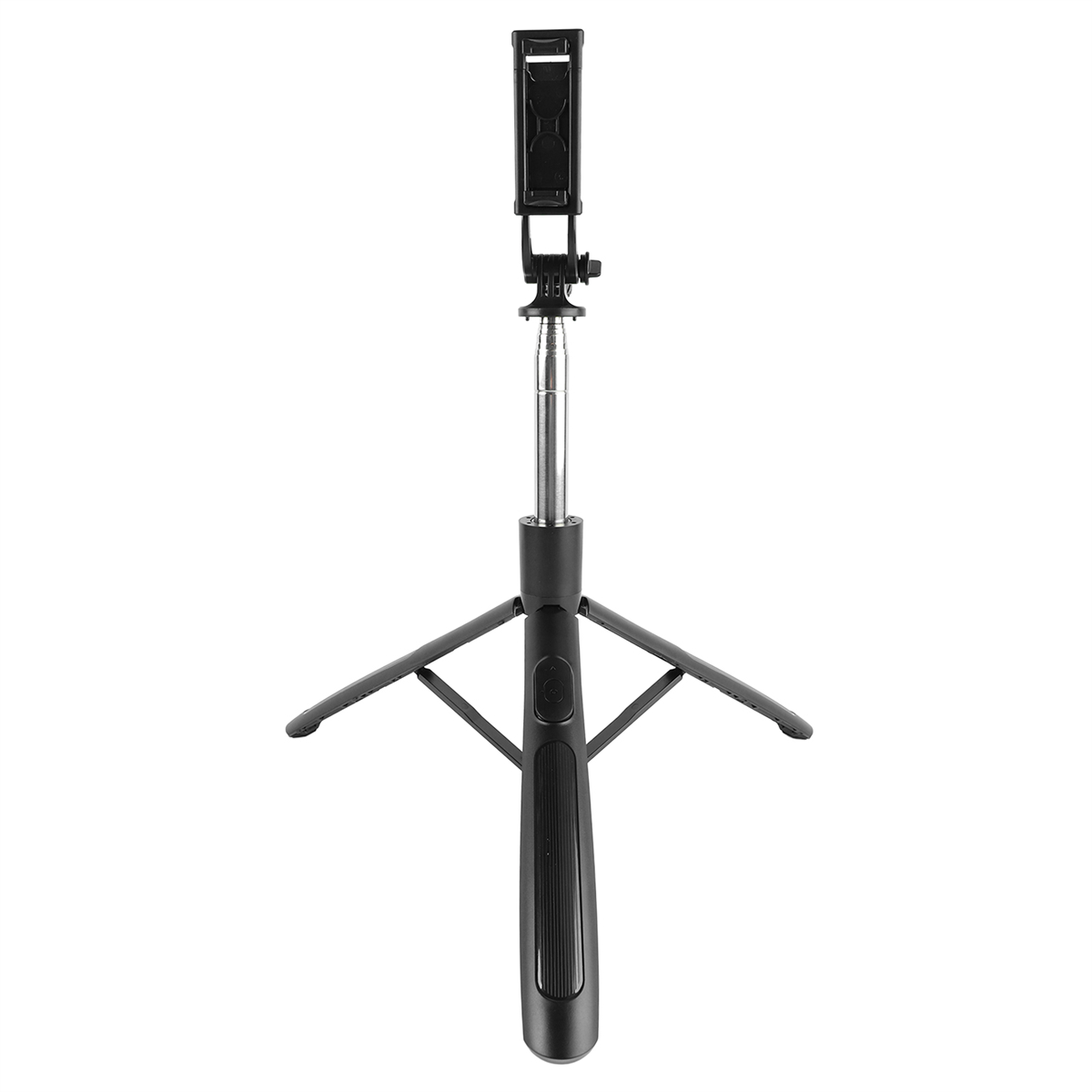 Schwarzes Selfie-Stick-Stativ. Einstellbare Höhe, Telefonhalterung oben. Weißer Hintergrund.