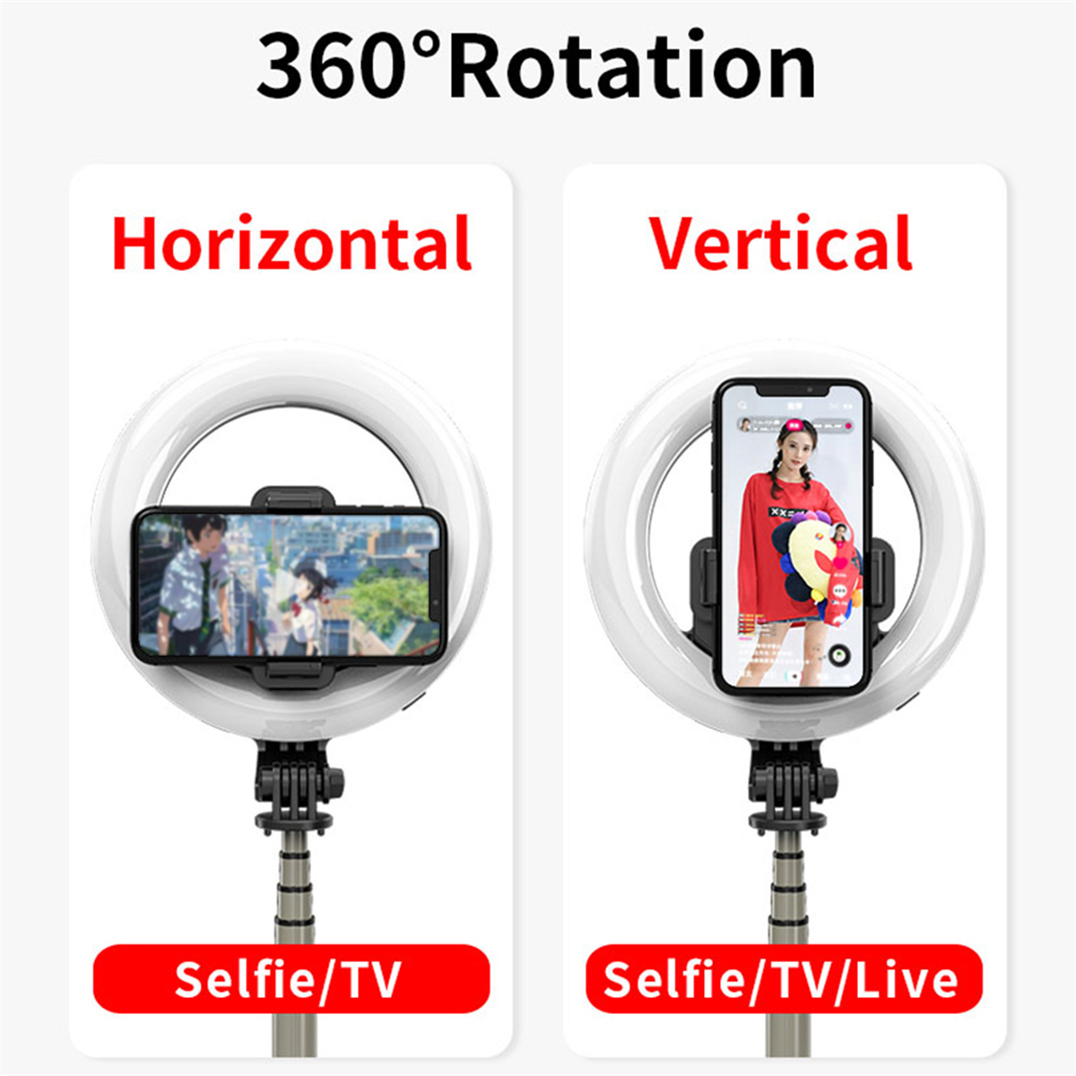 Ein Ringlicht mit einem Telefon. Horizontale und vertikale Ansichten. Text: Selfie/TV, Selfie/TV/Live.