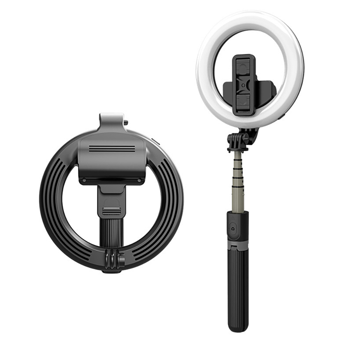 Ringlicht und Selfie-Stick auf weißem Hintergrund, schwarz und weiß.