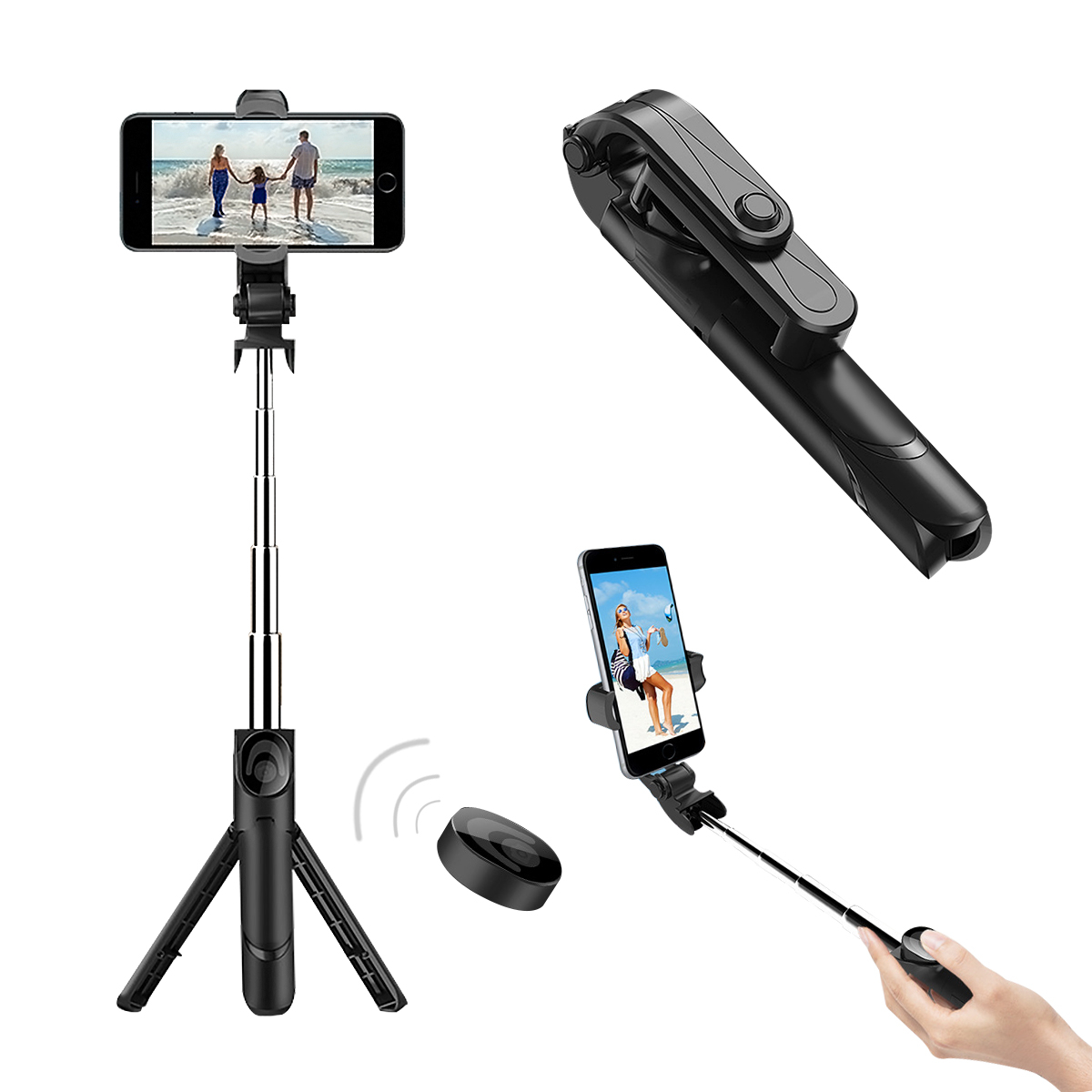 Ein Selfie-Stick mit Telefon, eine separate Fernbedienung und ein abgewinkeltes Telefon auf dem Stick.