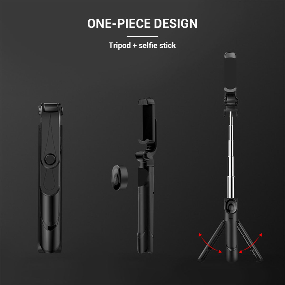 Schwarzer Selfie-Stick mit Handyhalterung und Mini-Stativ-Design. Auf dunklem Hintergrund.
